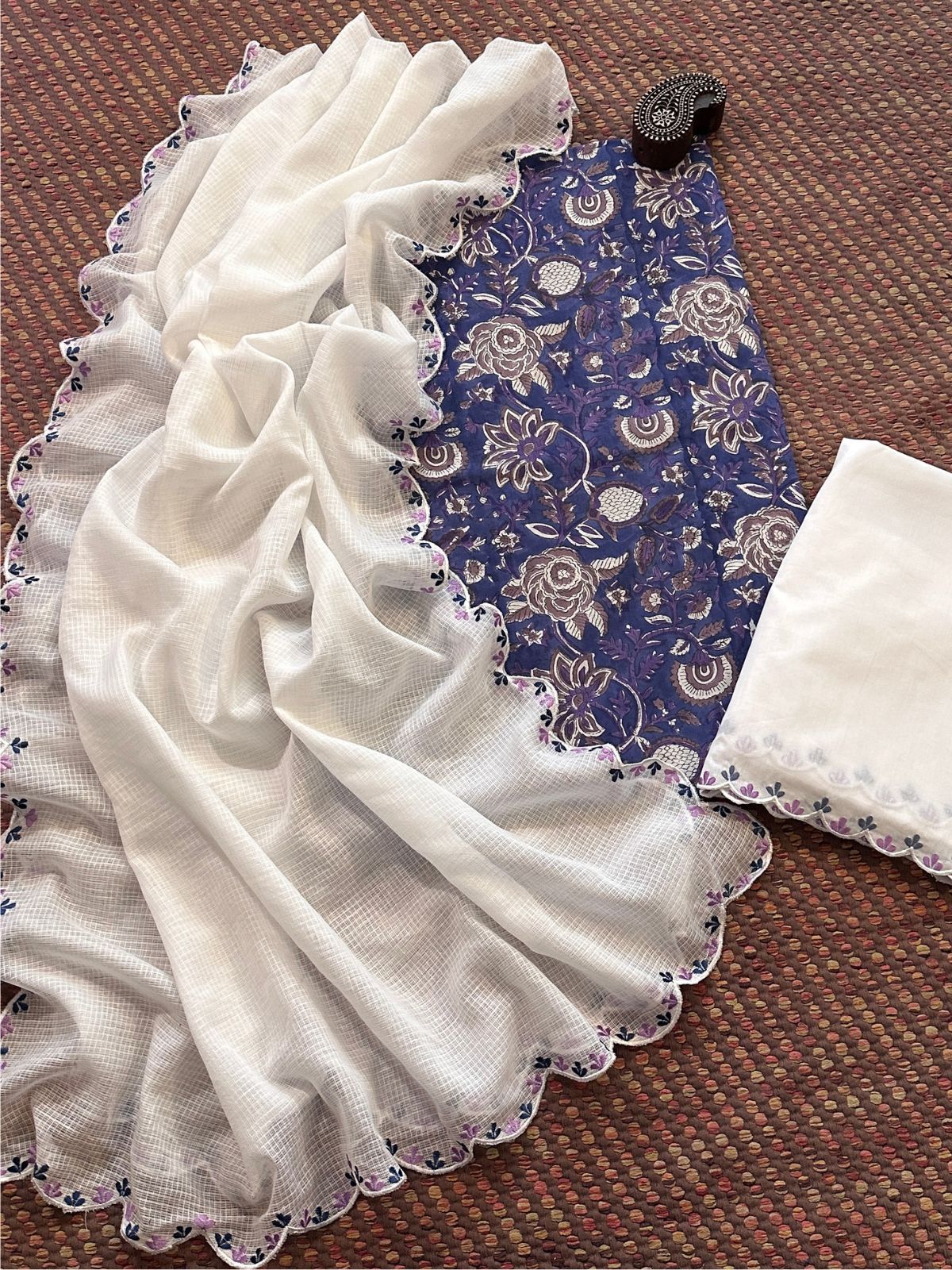 Pure Cotton Hand-block Fabric with Embroidered Bottom & Kota Doria Dupatta