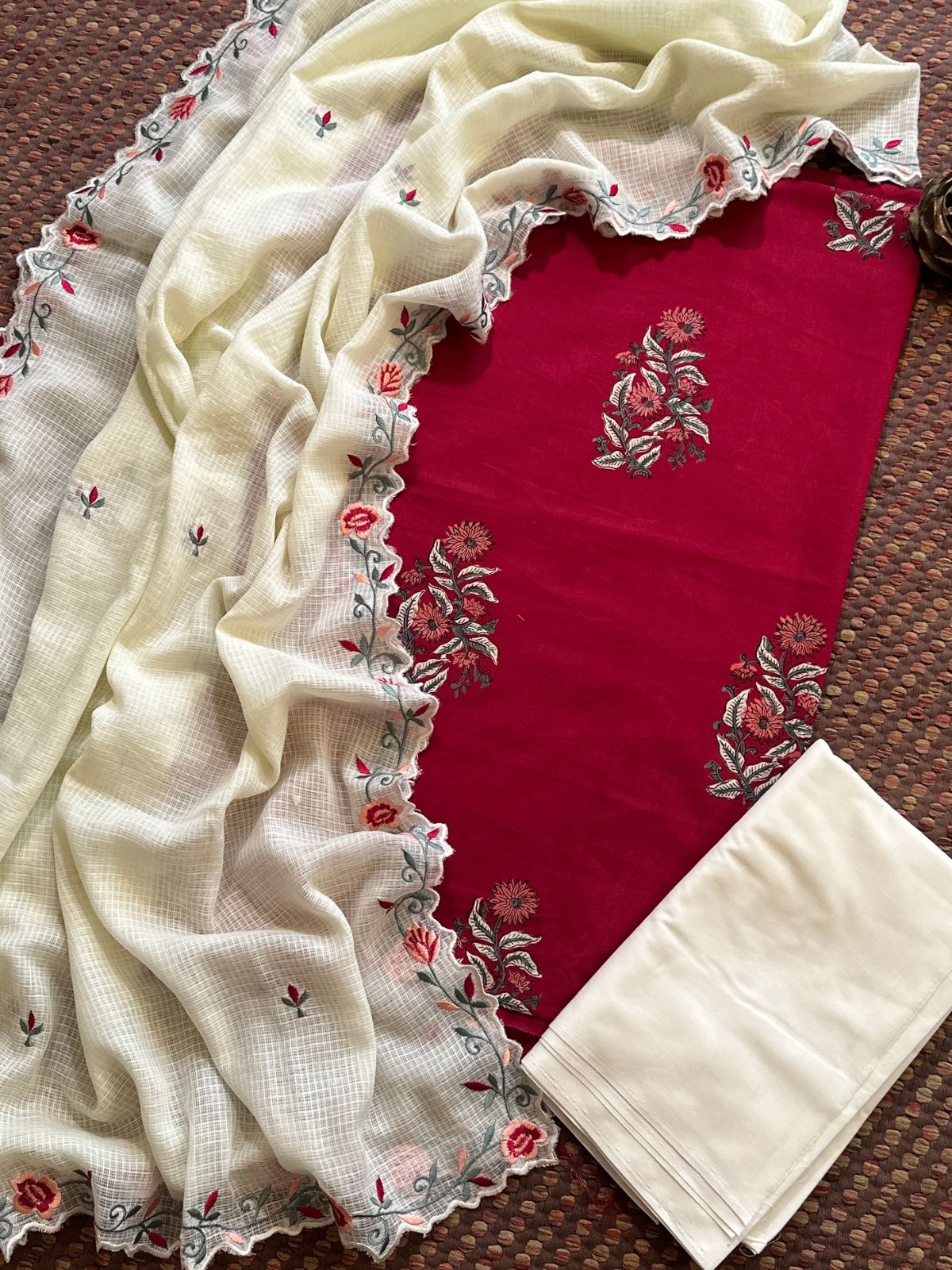 Pure Cotton Hand-block Fabric set with Embroidered Kota Doria Dupatta