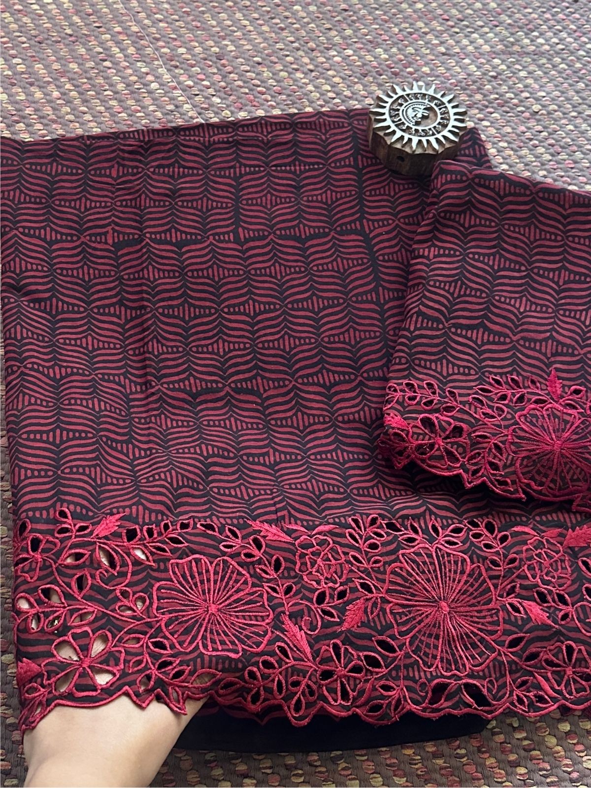 Exclusive Cutwork embroidered Ajrak Cotton Malmal Coord Set