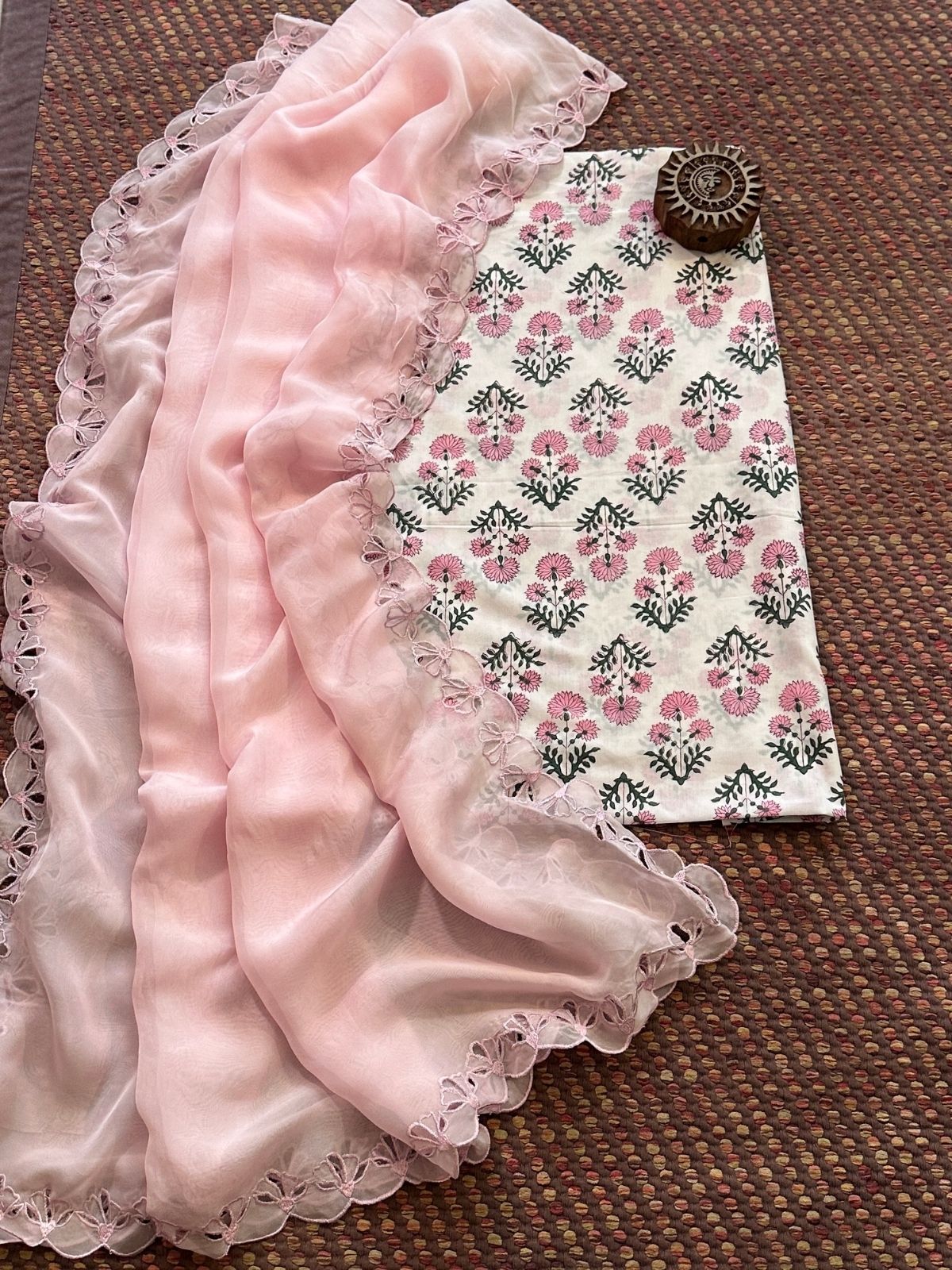 Pure Cotton Handblocked Fabric with Exclusive Cutwork Organza Dupatta