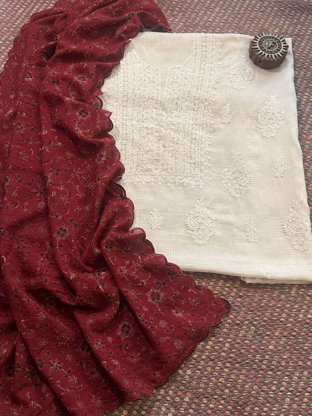 Chikankari Hand Embroidered Fabric with Ajrak Hadblocked Kota Dupatta