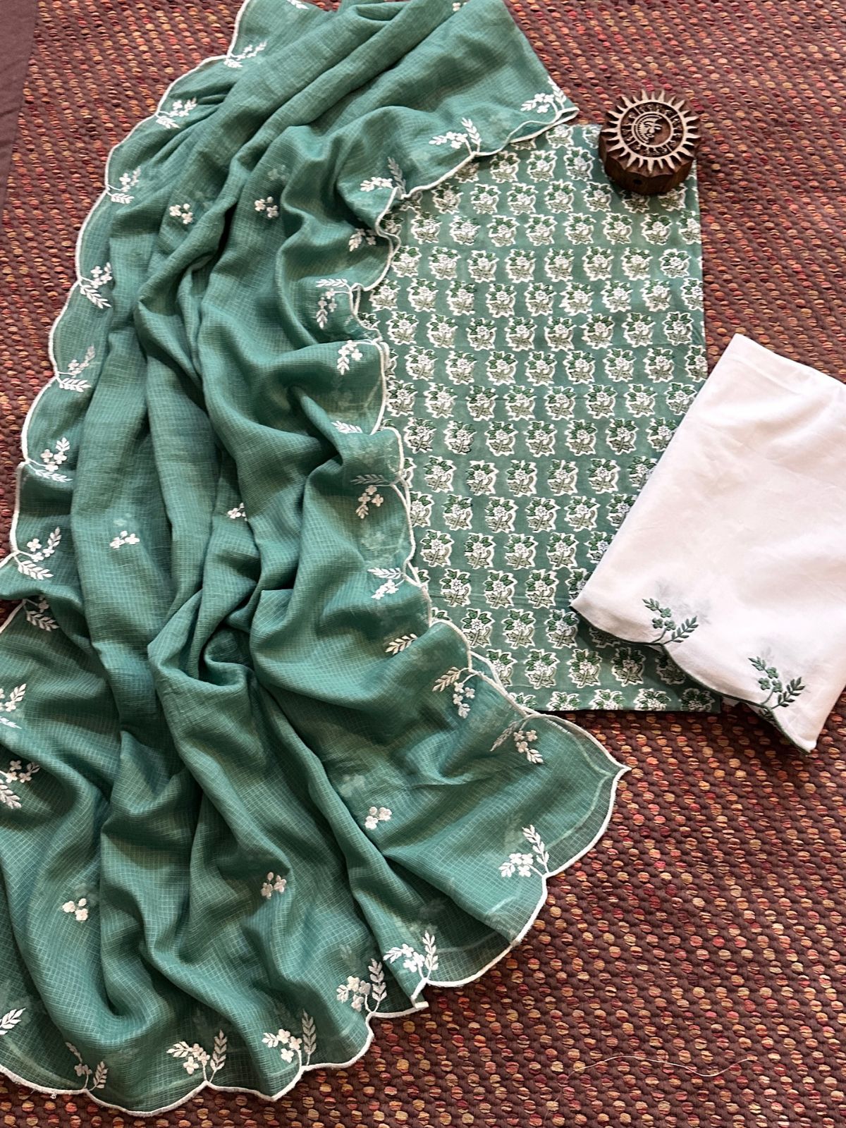 Pure Cotton Hand-block Fabric with Embroidered Bottom & Kota Doria Dupatta