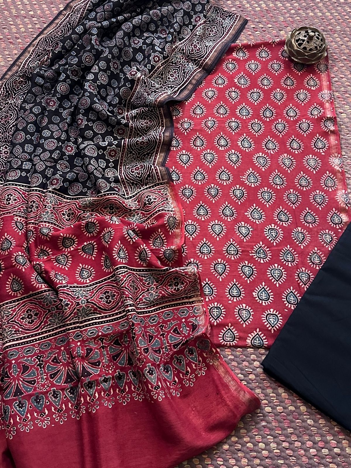 Hand-blocked Ajrak Maheswari Silk Unstitched Set