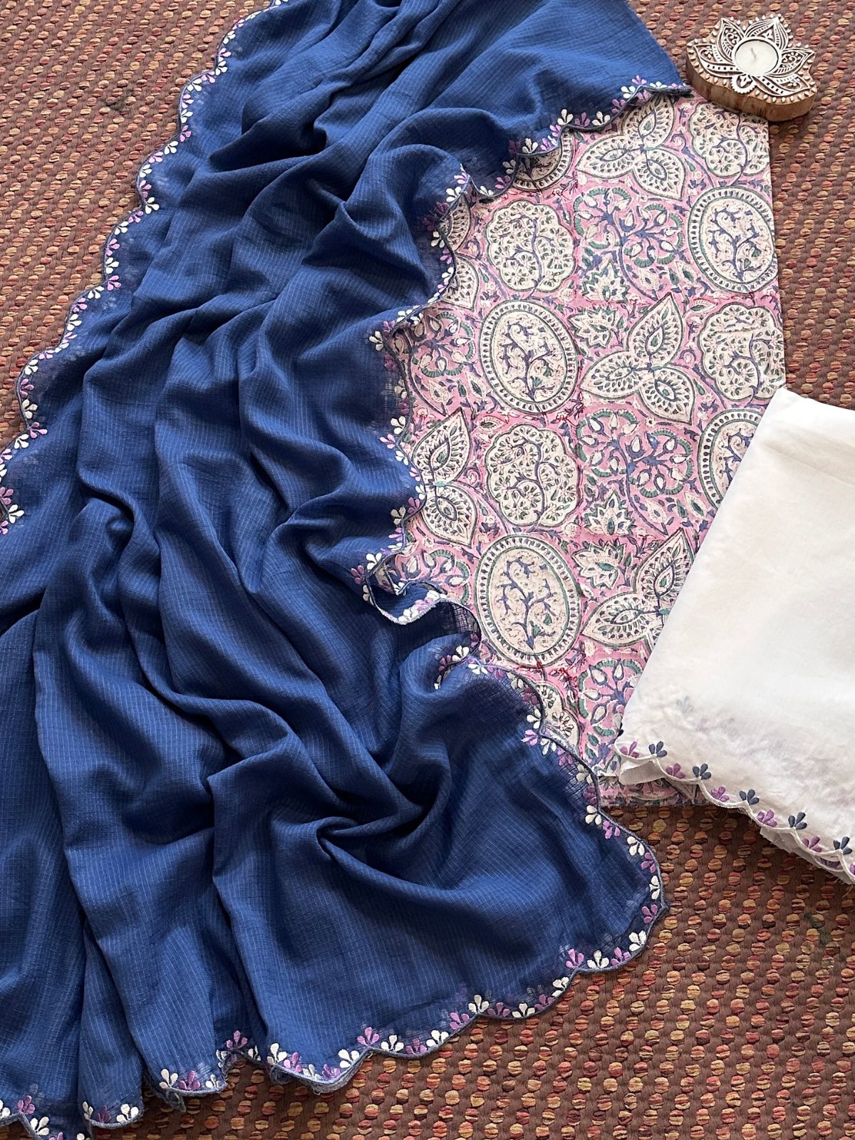 Pure Cotton Hand blocked Set with Embroidered Dupatta