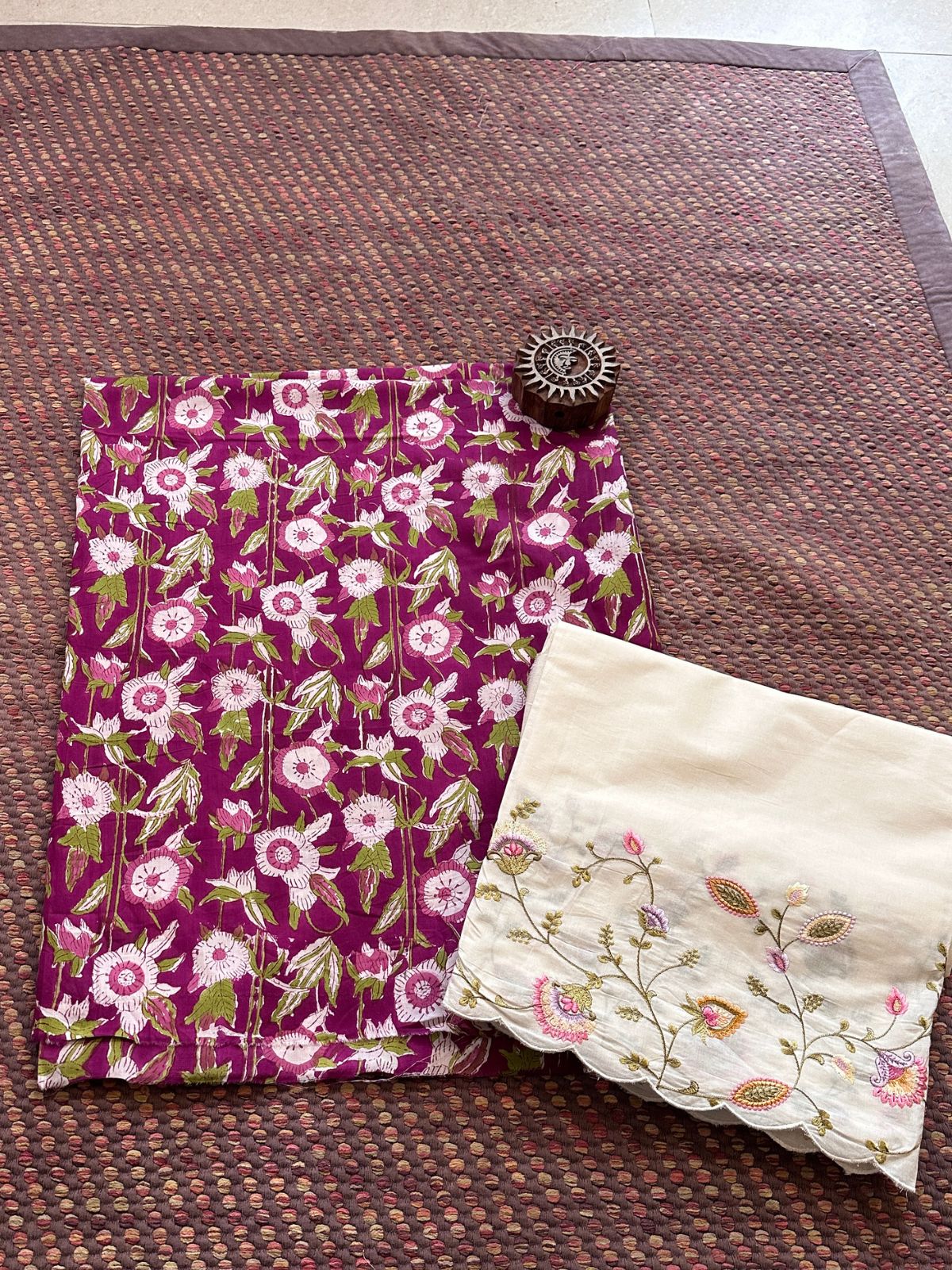 Pure Cotton Hand-blocked Fabric with Embroidered Bottom