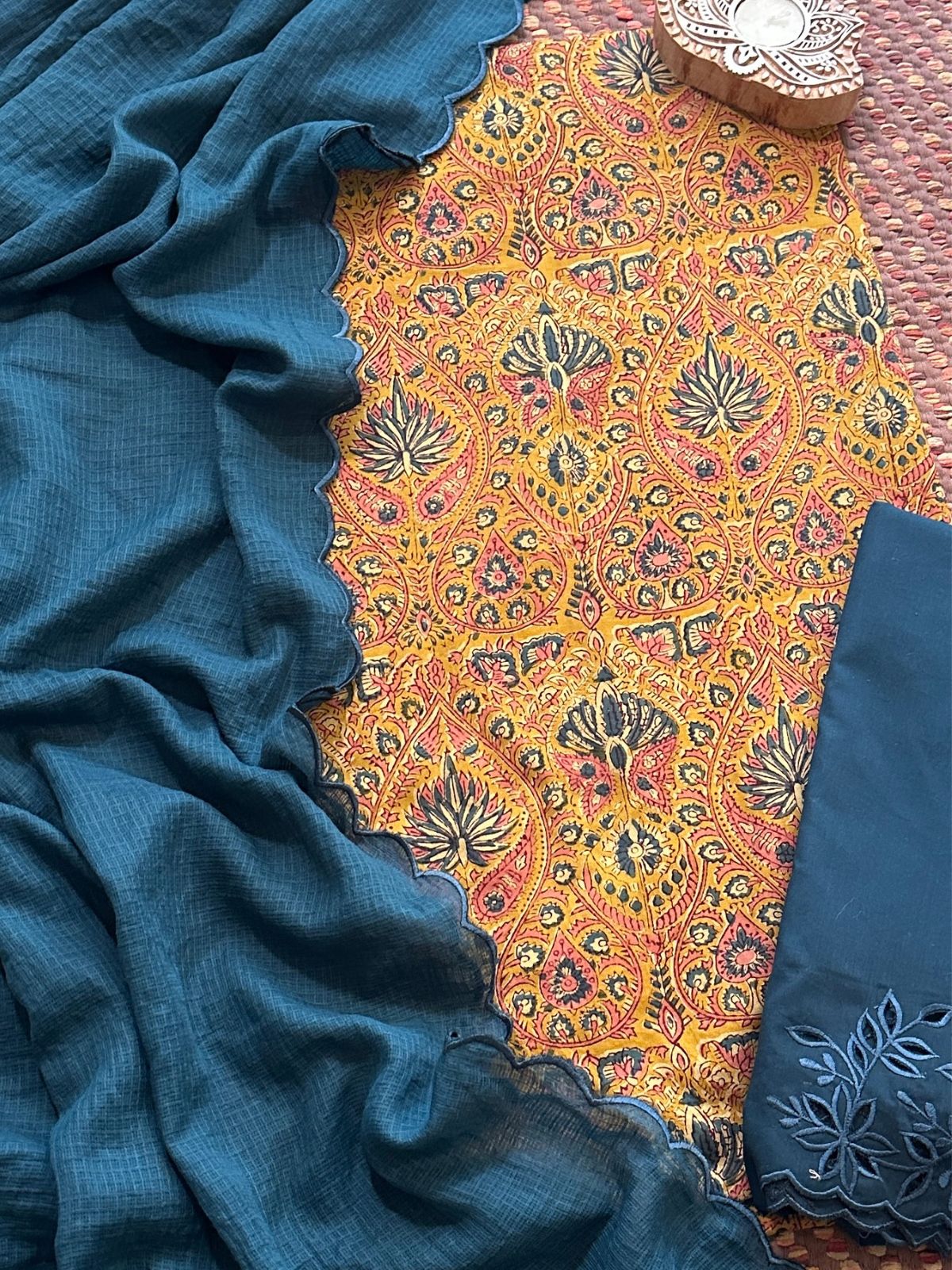 Pure Cotton Malmal Hand-blocked Fabric with Cutwork Bottom & Kota Doria Dupatta