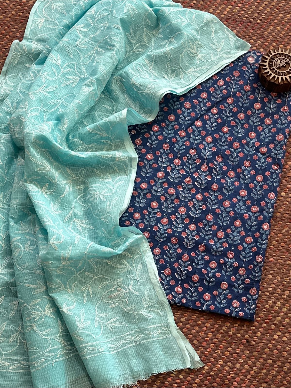 Pure Cotton Hand Blocked Fabric with Chikankari Dupatta
