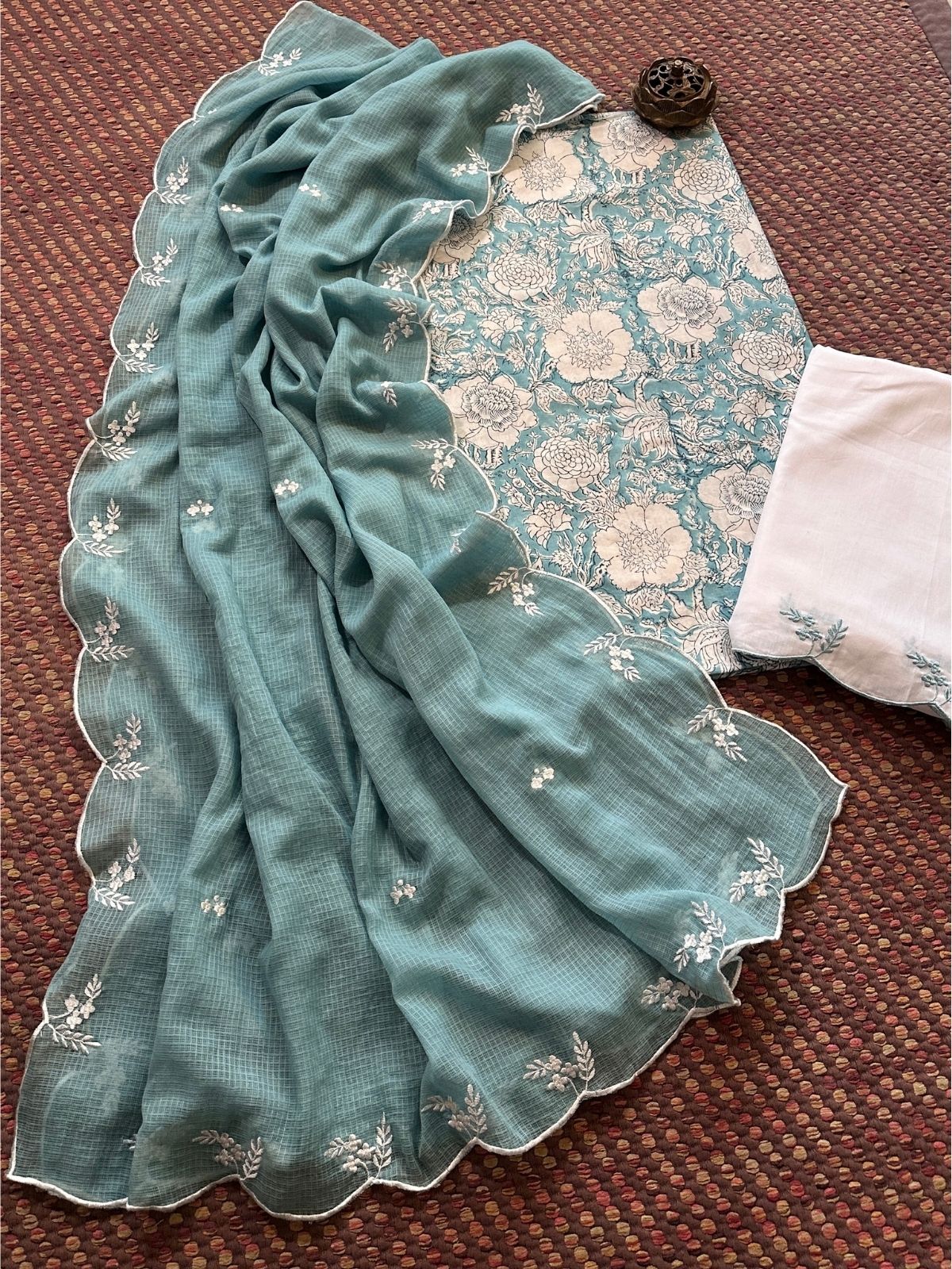 Pure Cotton Hand-block Fabric with Embroidered Bottom & Kota Doria Dupatta