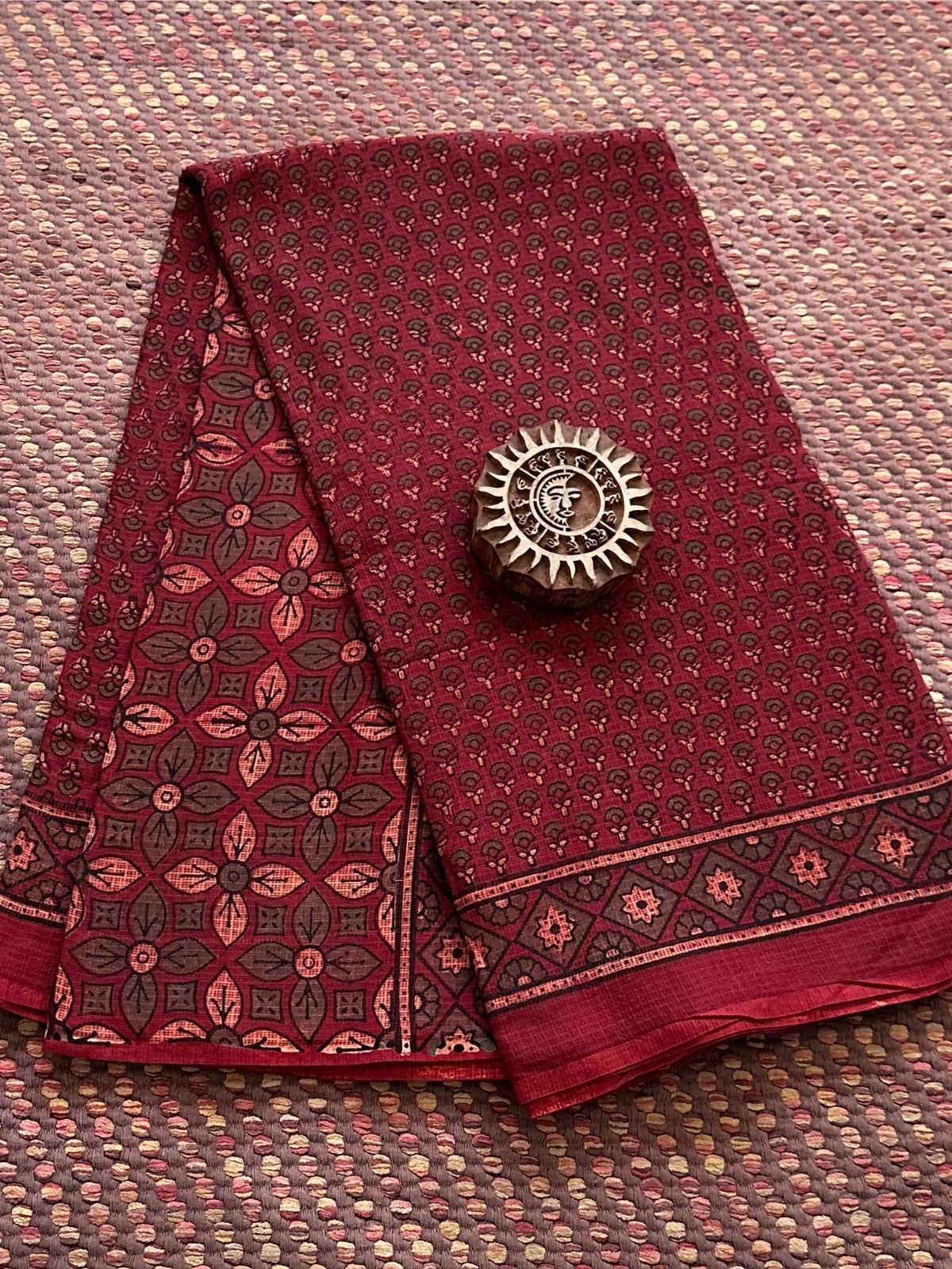Ajrak Handblocked Kota Doria Embroidered Saree with Blouse Fabric
