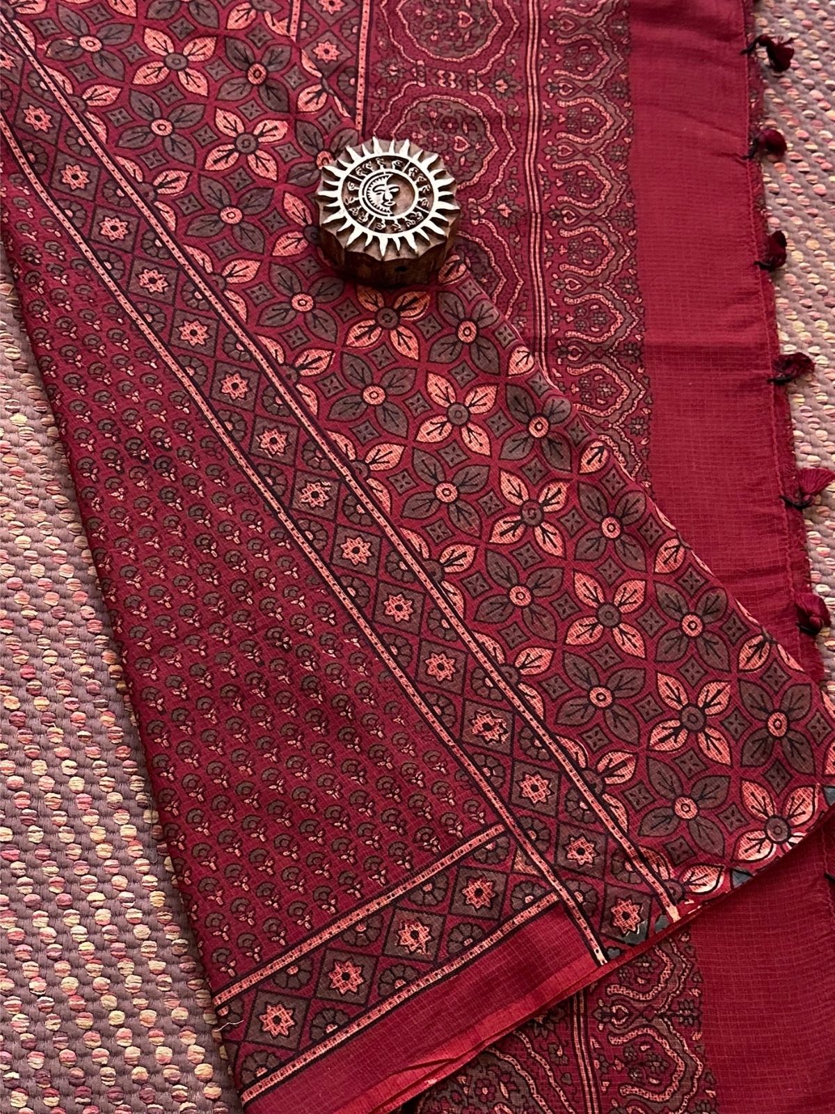 Ajrak Handblocked Kota Doria Embroidered Saree with Blouse Fabric