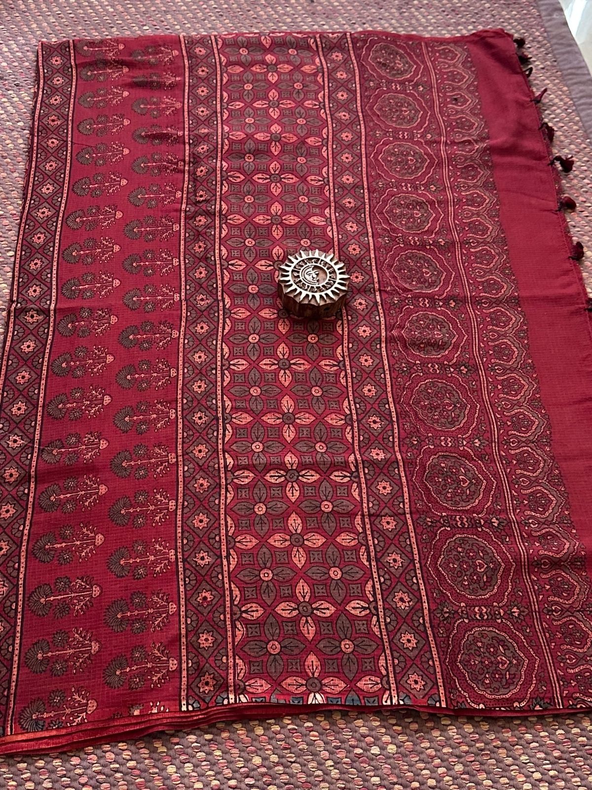 Ajrak Handblocked Kota Doria Embroidered Saree with Blouse Fabric