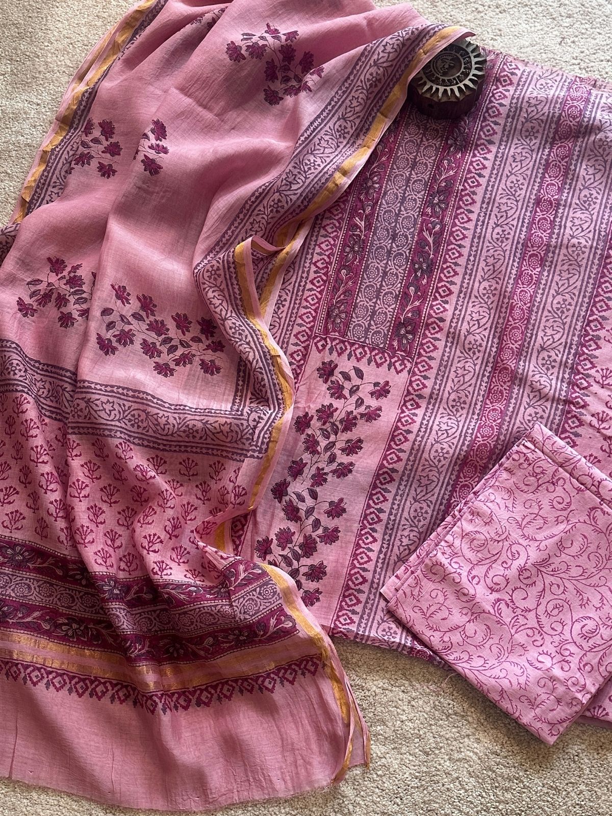 Premium Hand-blocked Malmal Maheswari Unstitched Set