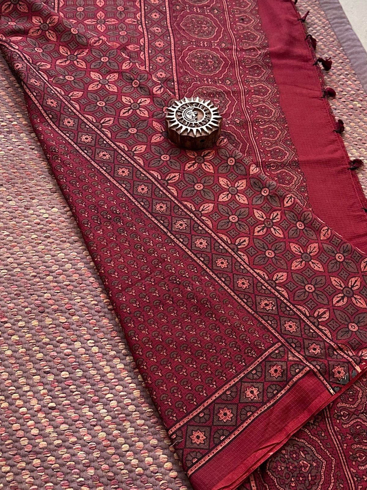 Ajrak Handblocked Kota Doria Embroidered Saree with Blouse Fabric