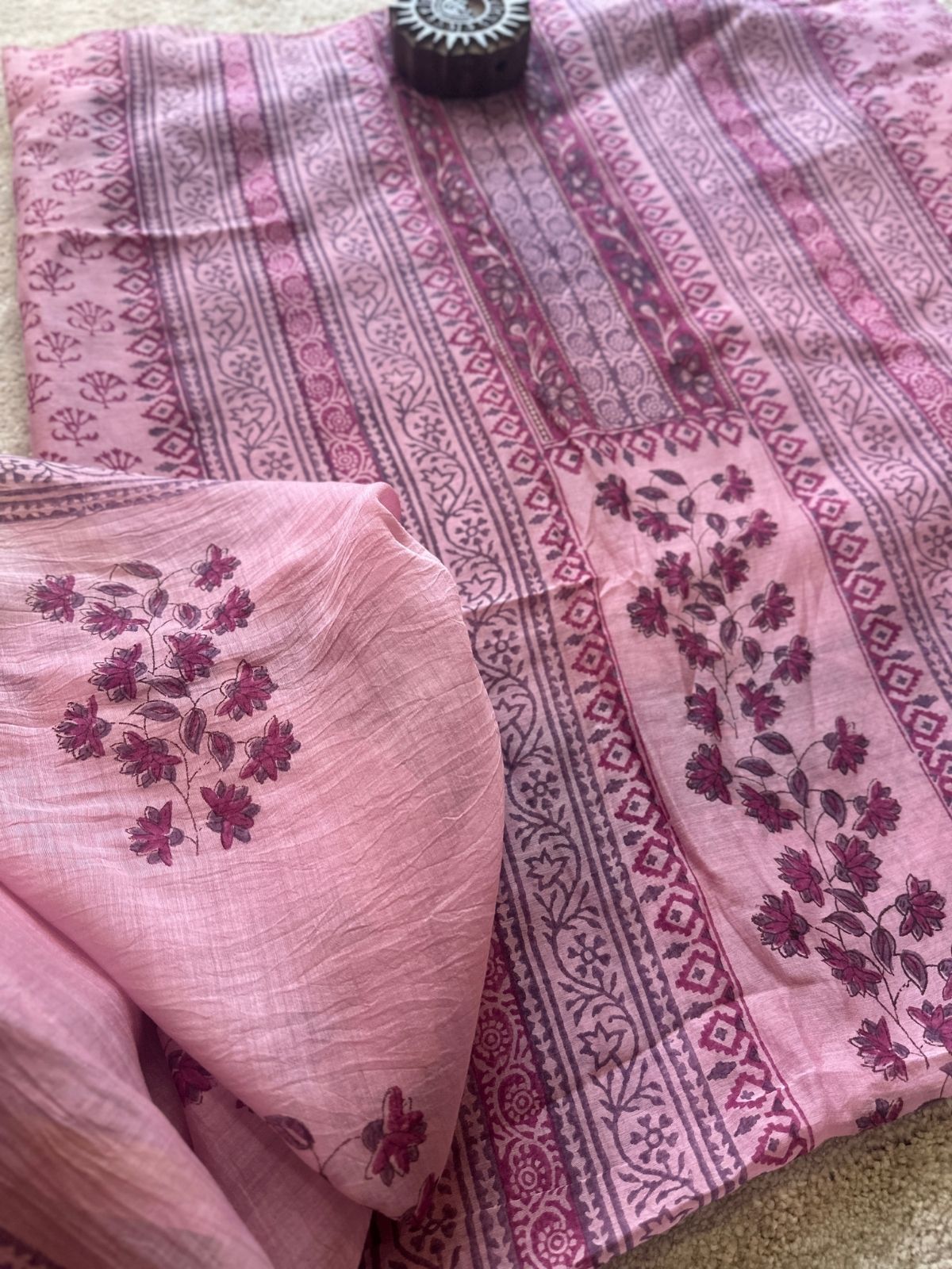 Premium Hand-blocked Malmal Maheswari Unstitched Set