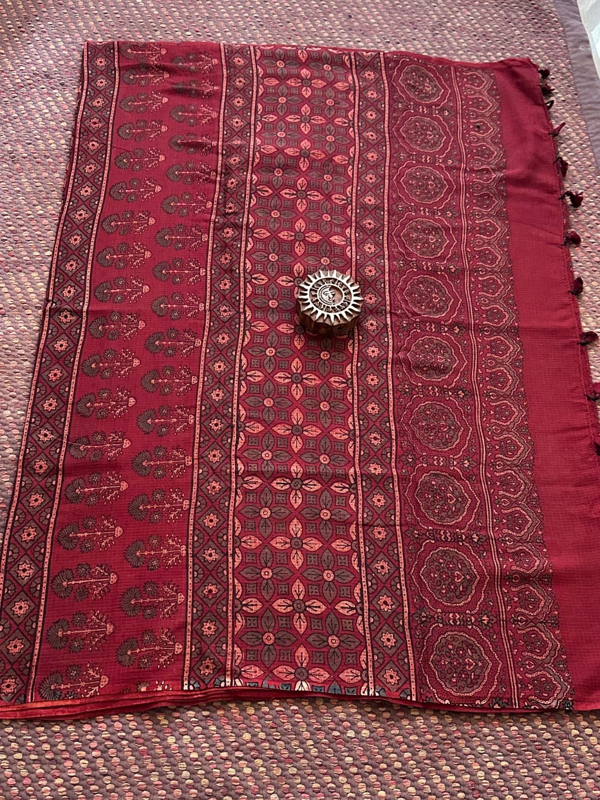Ajrak Handblocked Kota Doria Embroidered Saree with Blouse Fabric