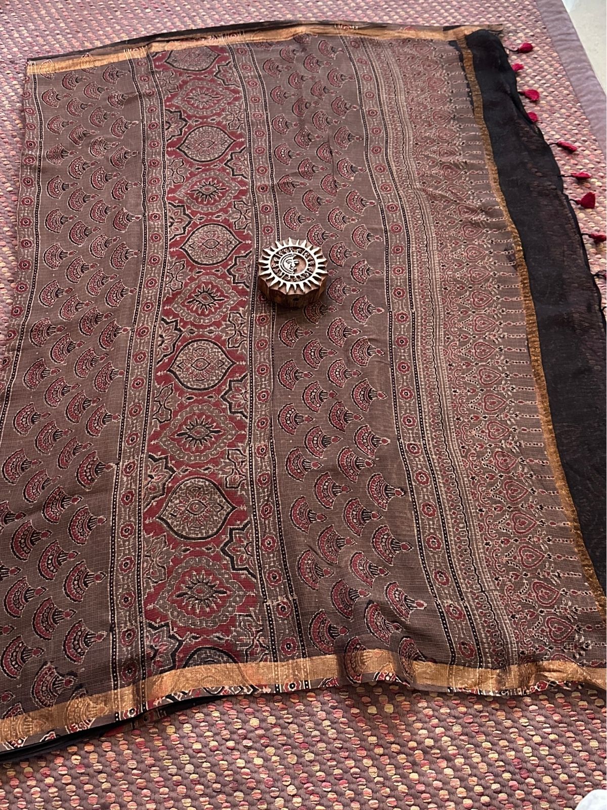 Ajrak Handblocked Kota Doria Embroidered Saree with Blouse Fabric