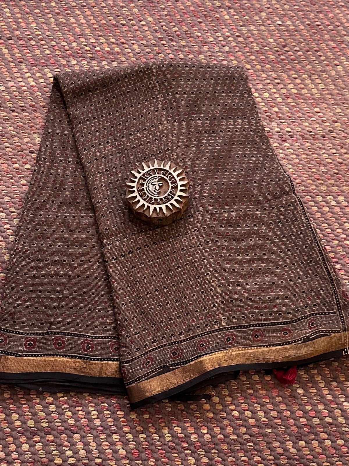 Ajrak Handblocked Kota Doria Embroidered Saree with Blouse Fabric