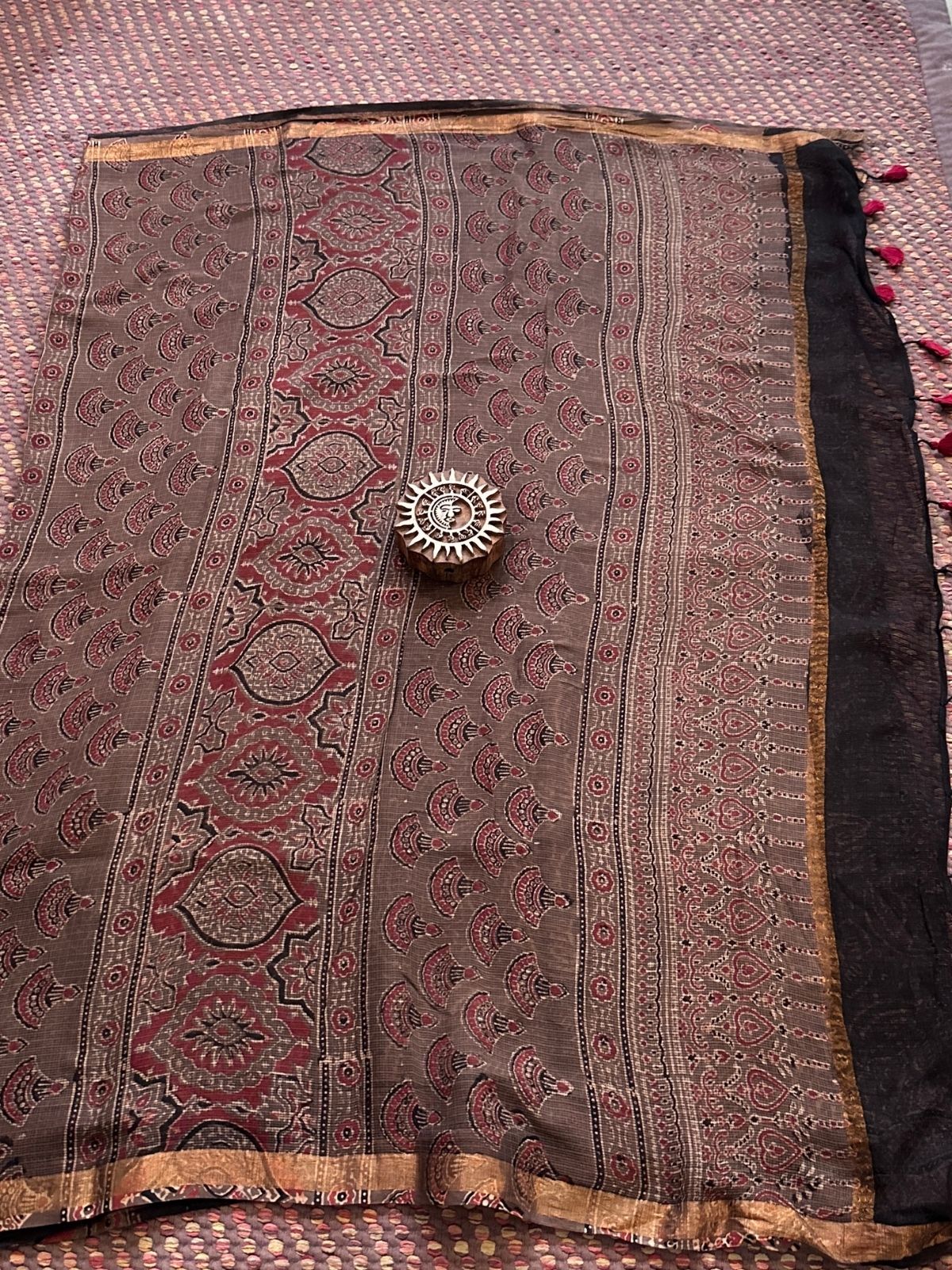 Ajrak Handblocked Kota Doria Embroidered Saree with Blouse Fabric