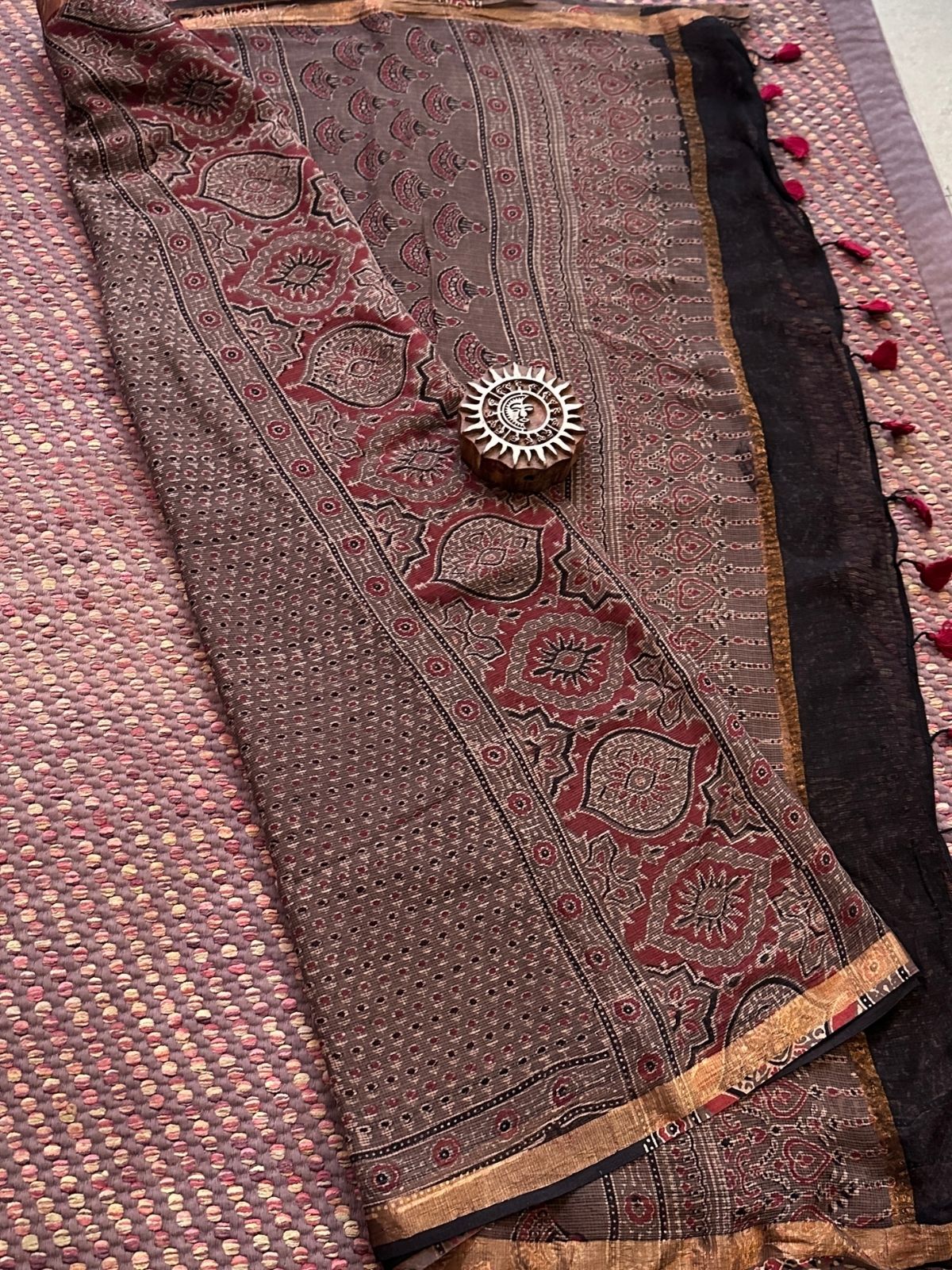 Ajrak Handblocked Kota Doria Embroidered Saree with Blouse Fabric