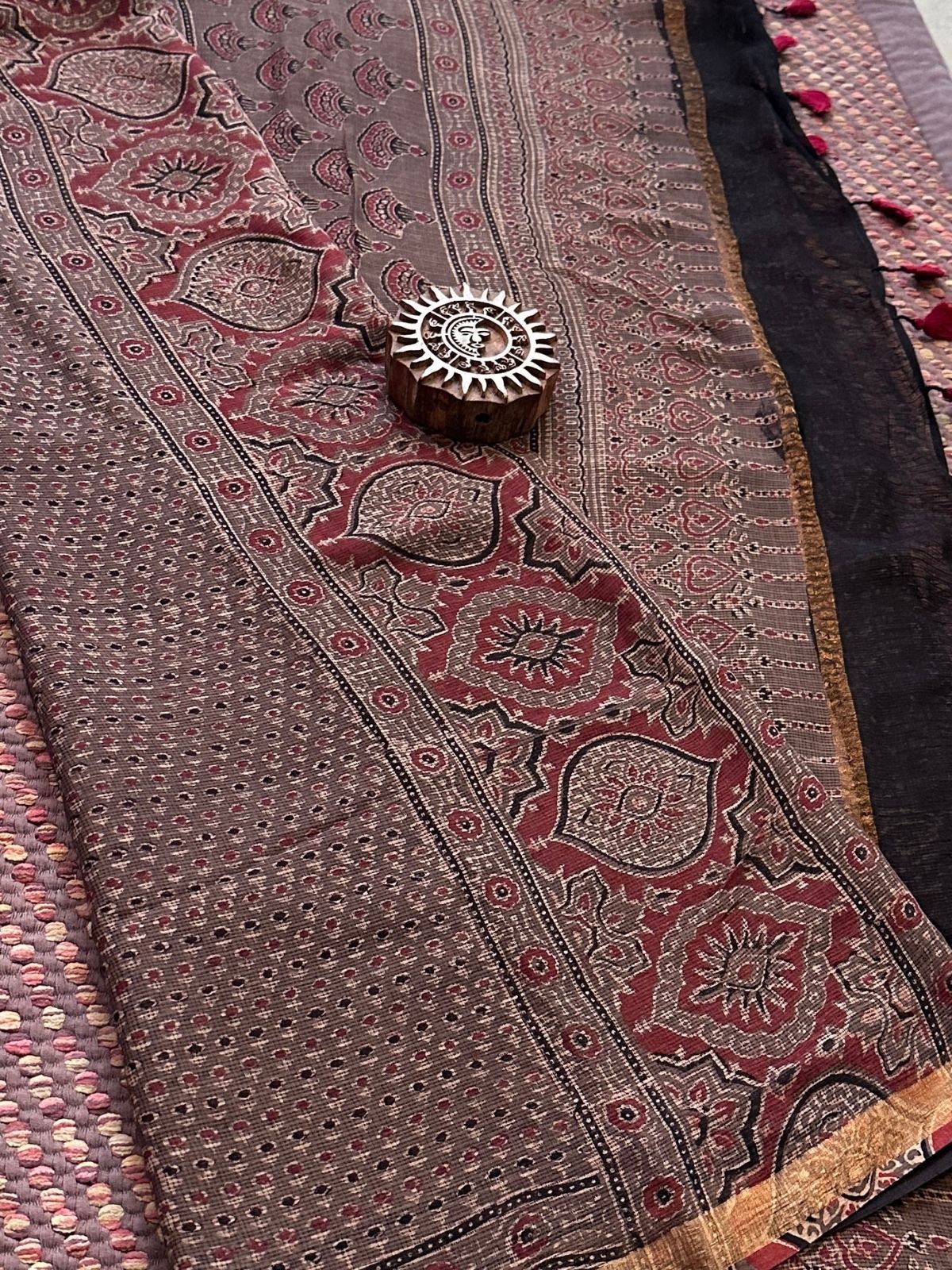 Ajrak Handblocked Kota Doria Embroidered Saree with Blouse Fabric