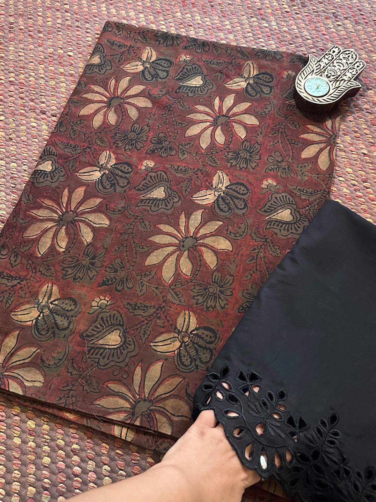 Pure Cotton Malmal Handblocked Fabric with Cutwork Bottom