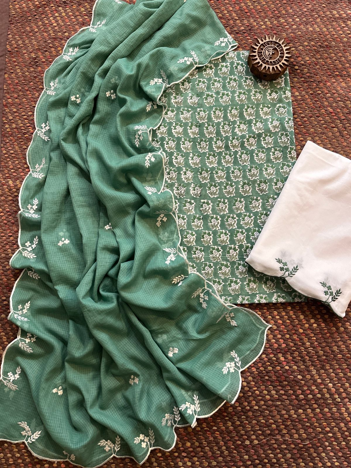 Pure Cotton Hand-block Fabric with Embroidered Bottom & Kota Doria Dupatta