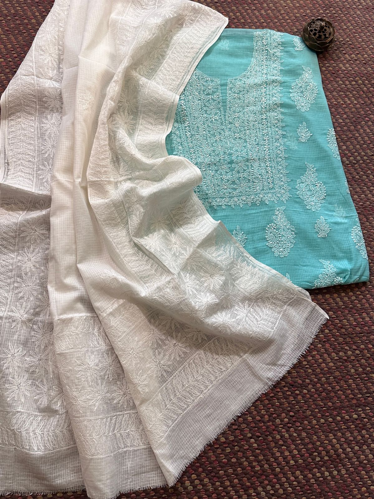 Chikankari Hand Embroidered Fabric with Kota Embroidered Dupatta