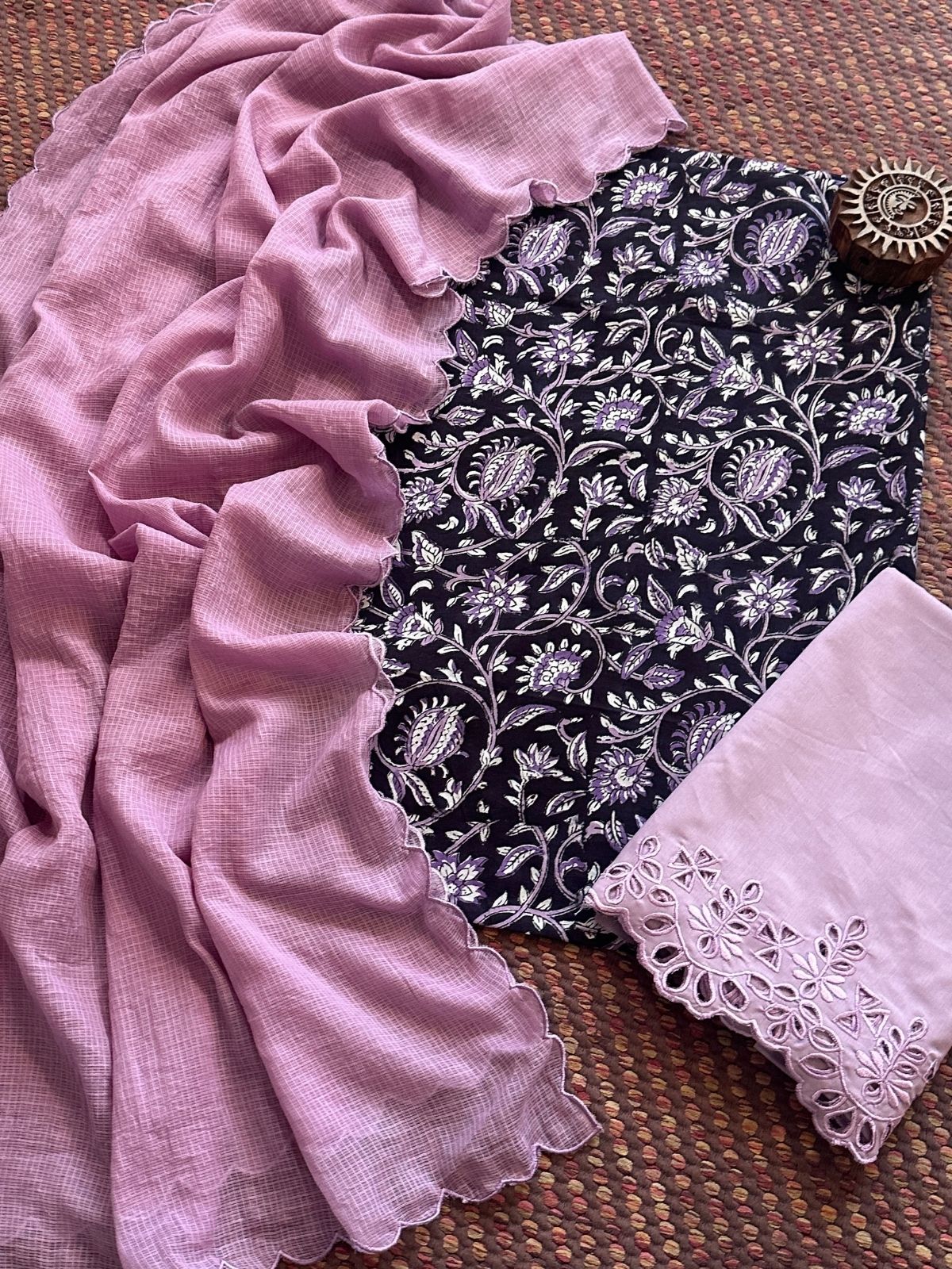 Pure Cotton Hand-blocked Fabric with Cutwork Bottom & Kota Doria Dupatta