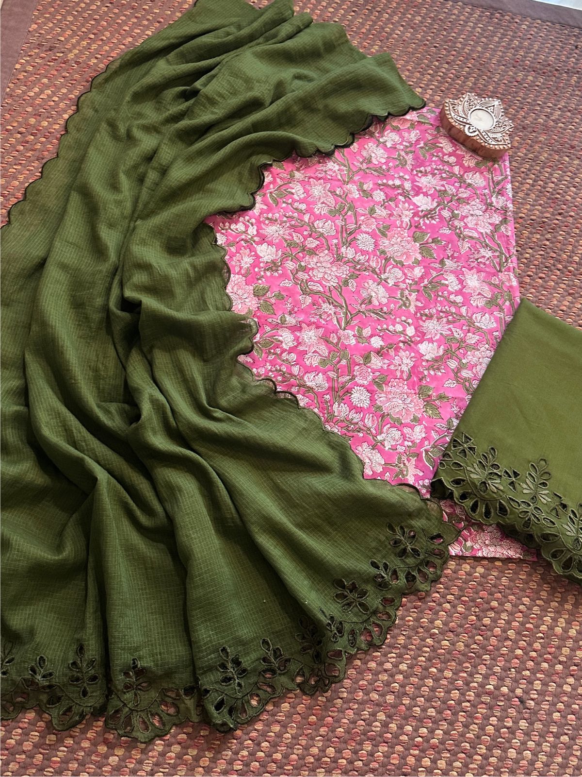 Pure Cotton Hand-blocked Fabric with Cutwork Bottom & Kota Doria Dupatta
