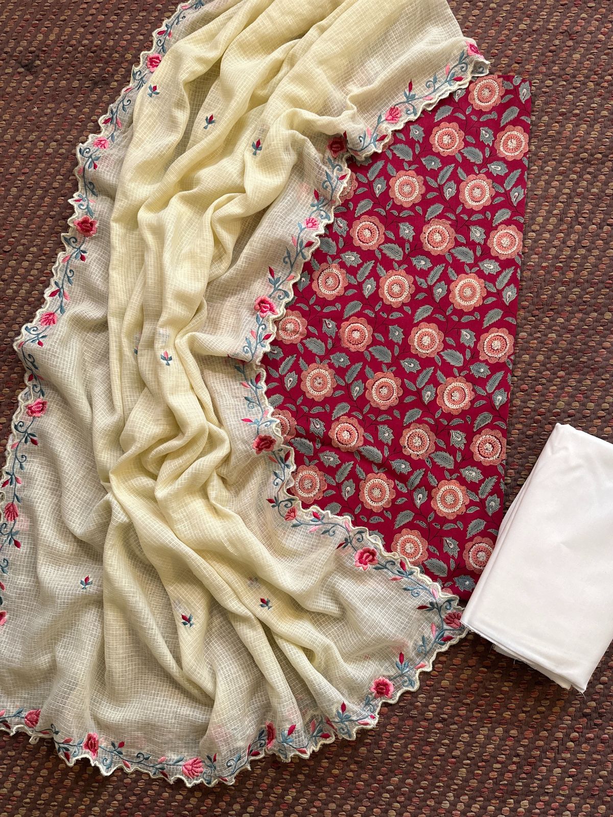 Pure Cotton Hand-block Fabric set with Embroidered Kota Doria Dupatta