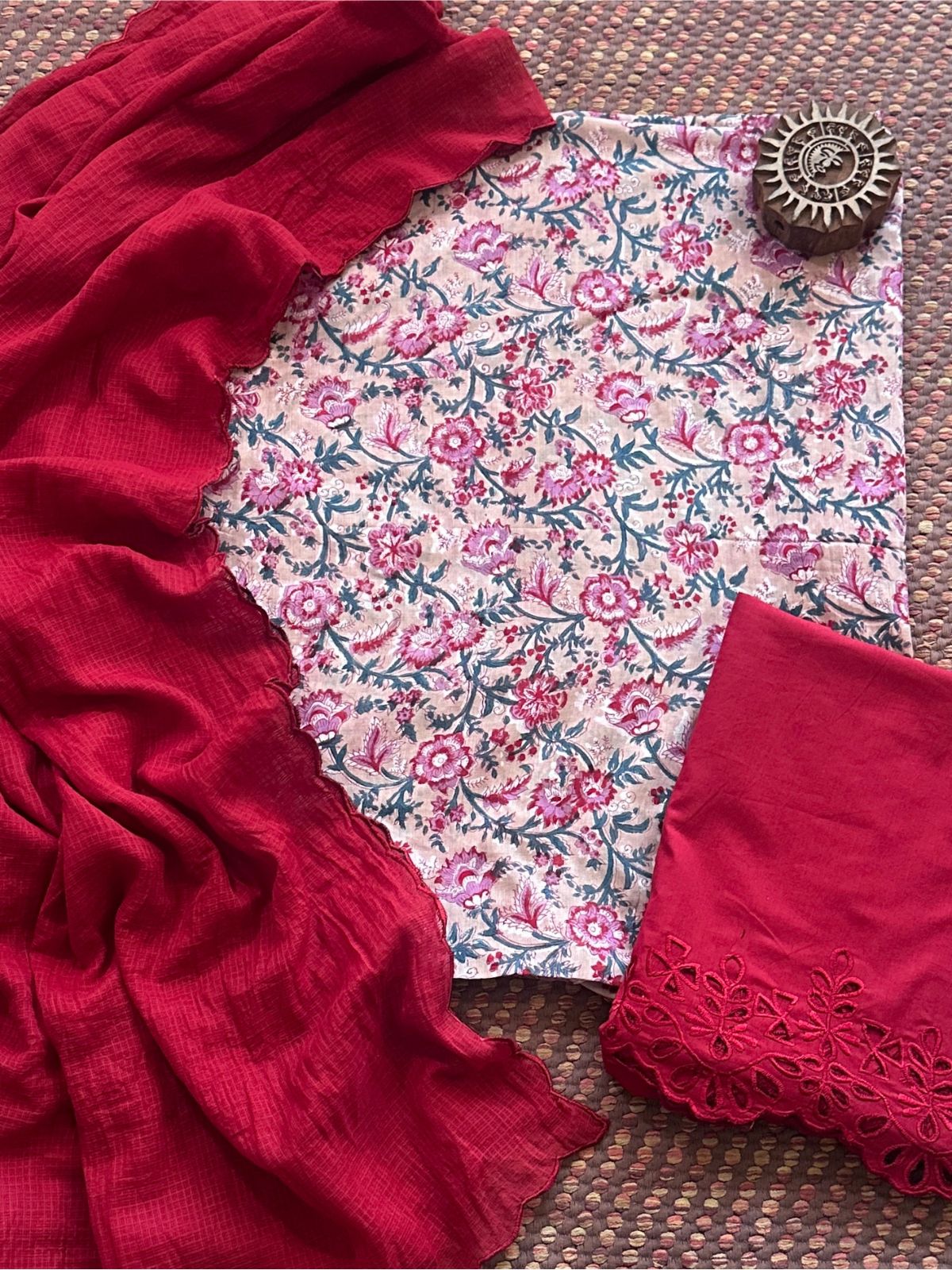 Pure Cotton Voile Hand-blocked Fabric with Cutwork Bottom & Kota Doria Dupatta
