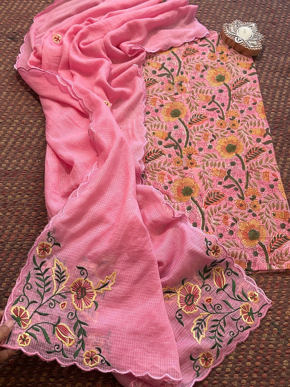 Pure Cotton Malmal Handblock Fabric with Embroidered Dupatta.