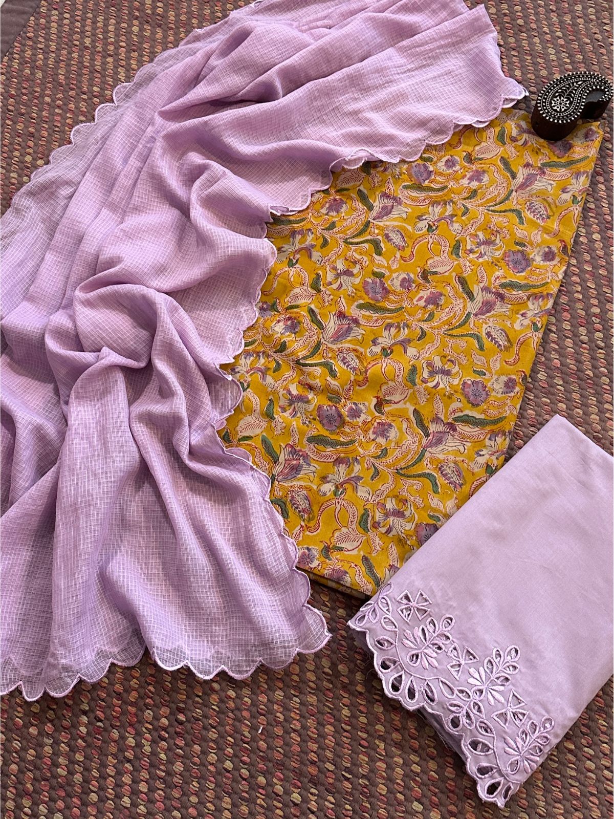 Pure Cotton Malmal Hand-blocked Fabric with Cutwork Bottom & Kota Doria Dupatta