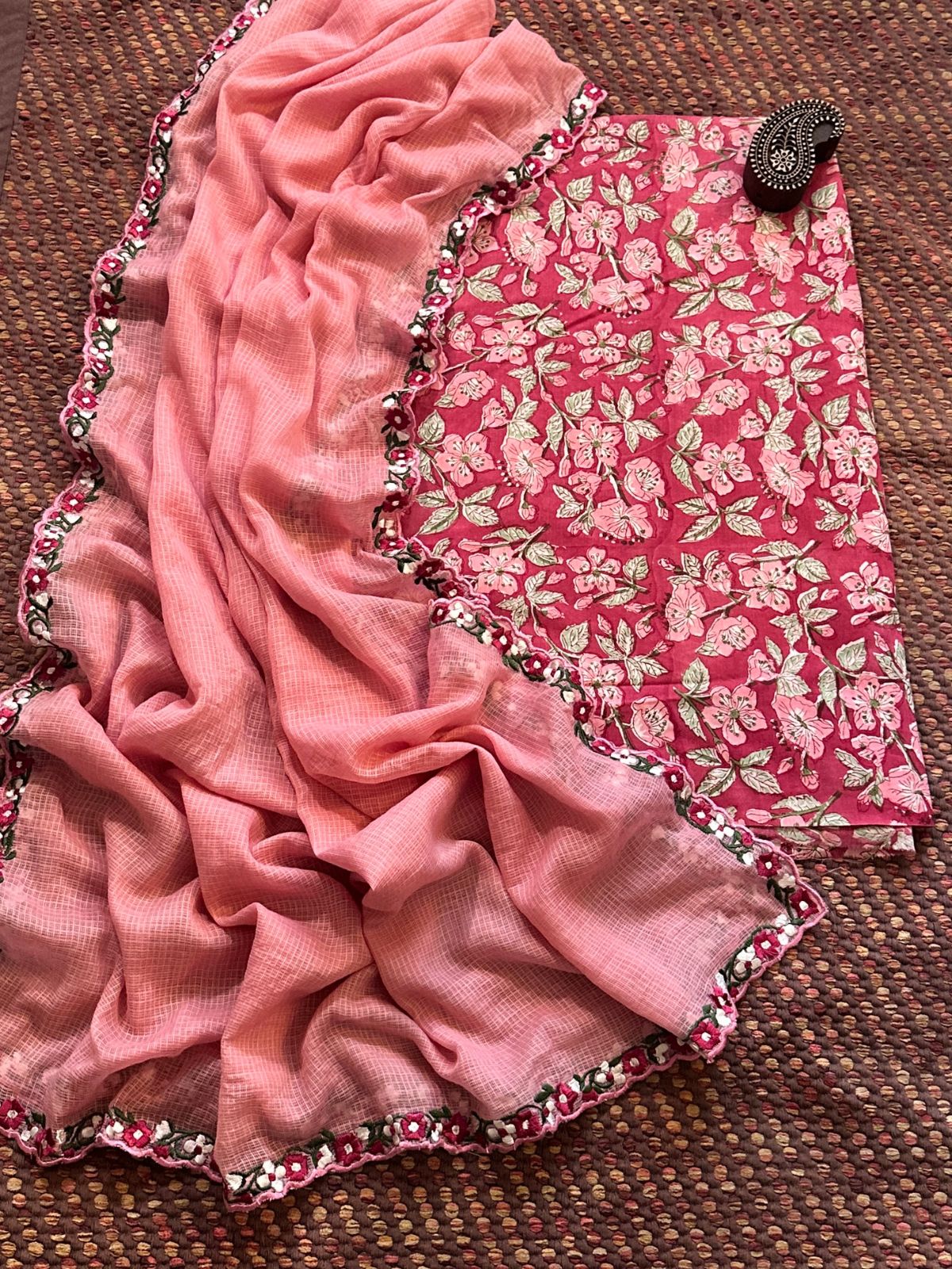 Pure Cotton Hand-blocked fabric set with Embroidered Dupatta