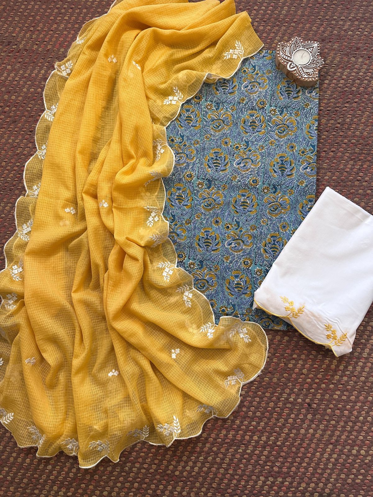 Pure Cotton Malmal Hand-block Fabric with Embroidered Bottom & Kota Doria Dupatta