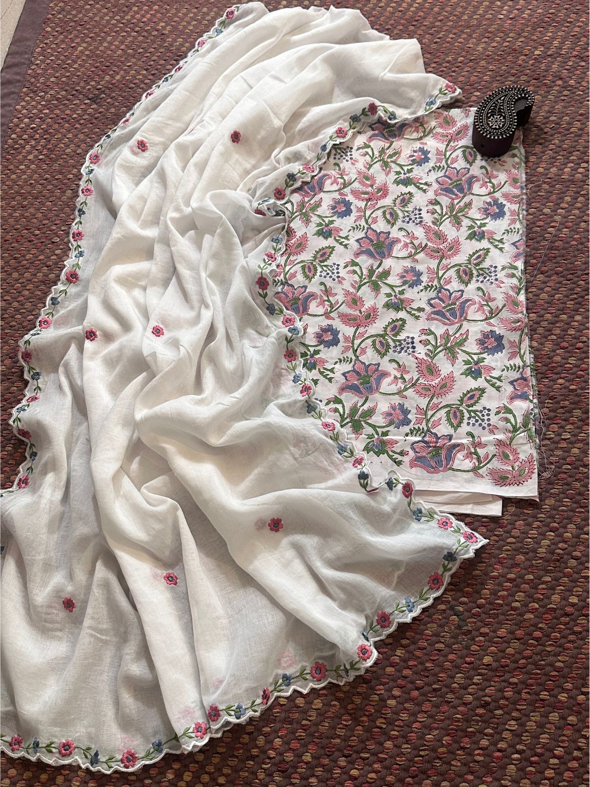 Pure Cotton Handblocked Fabric with Malmal Embroidered Dupatta.
