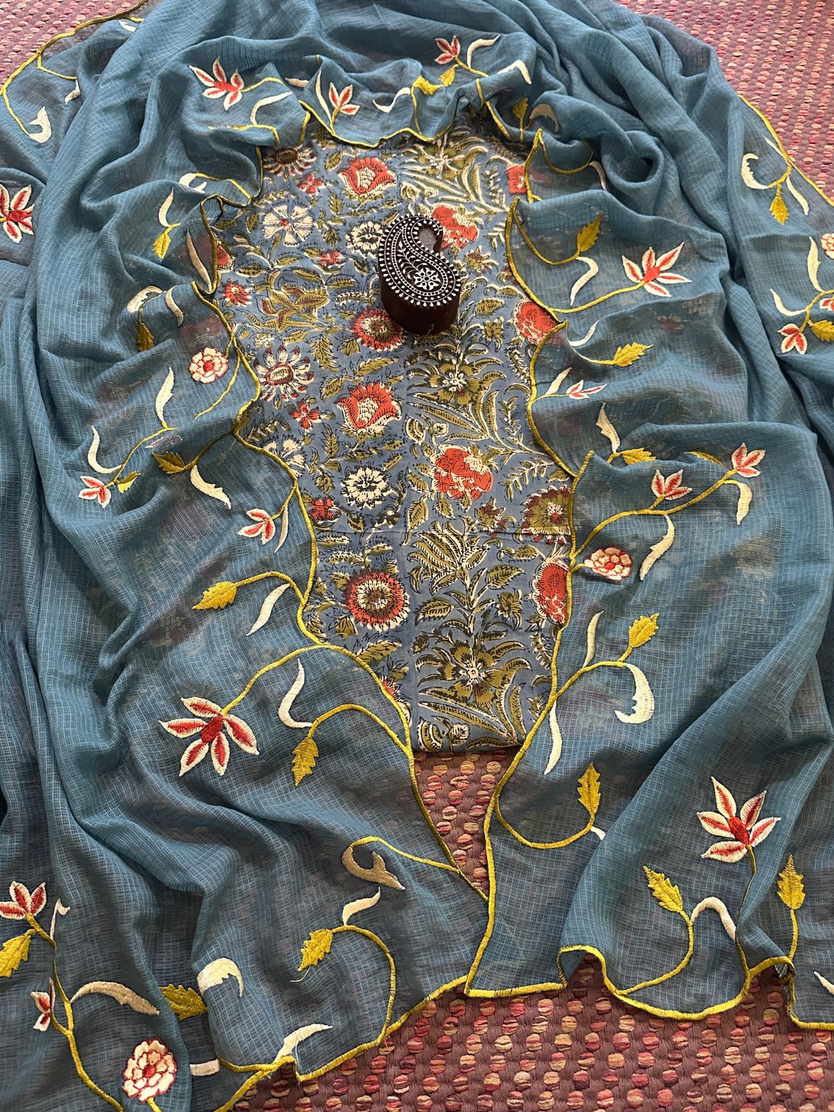 Pure Cotton Hand-blocked Fabric with Embroidered Dupatta