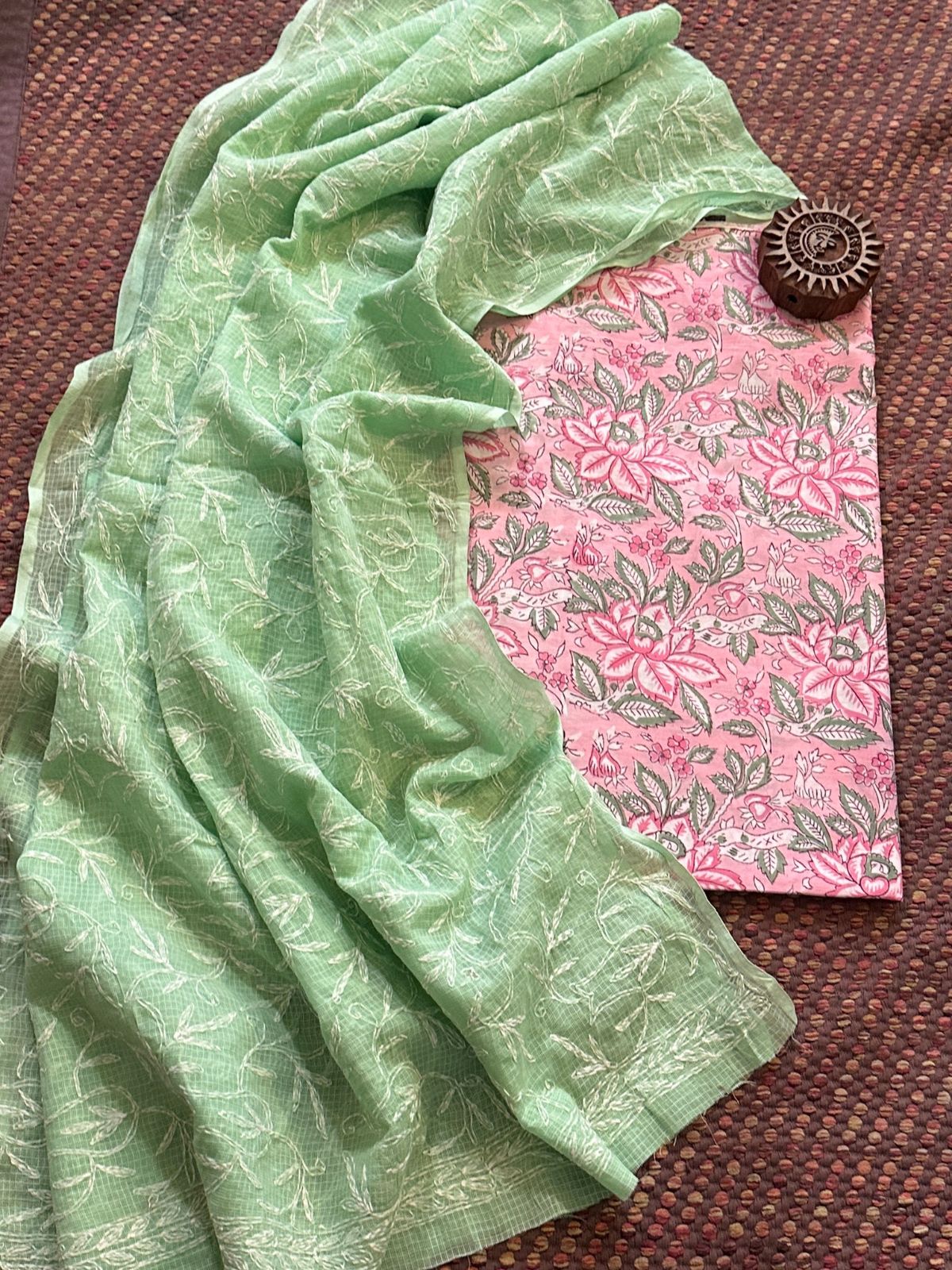 Pure Cotton Hand Blocked Fabric with Chikankari Dupatta