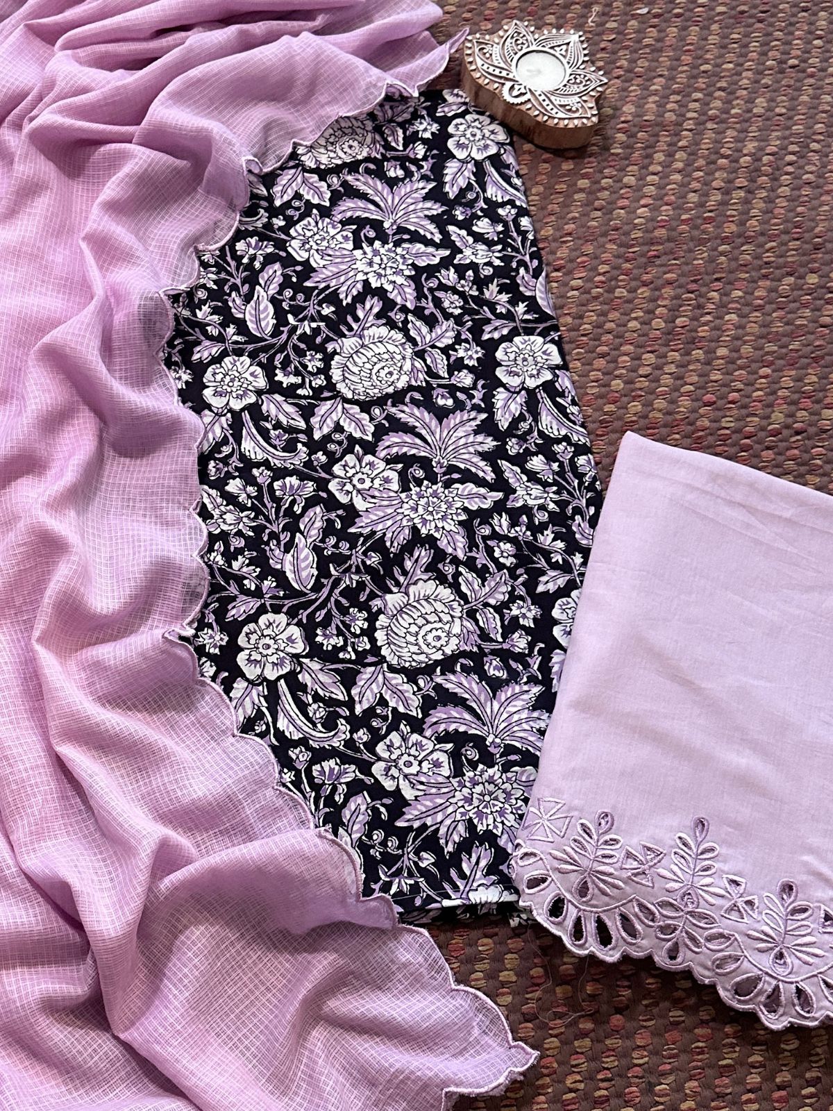 Pure Cotton Hand-blocked Fabric with Cutwork Bottom & Kota Doria Dupatta