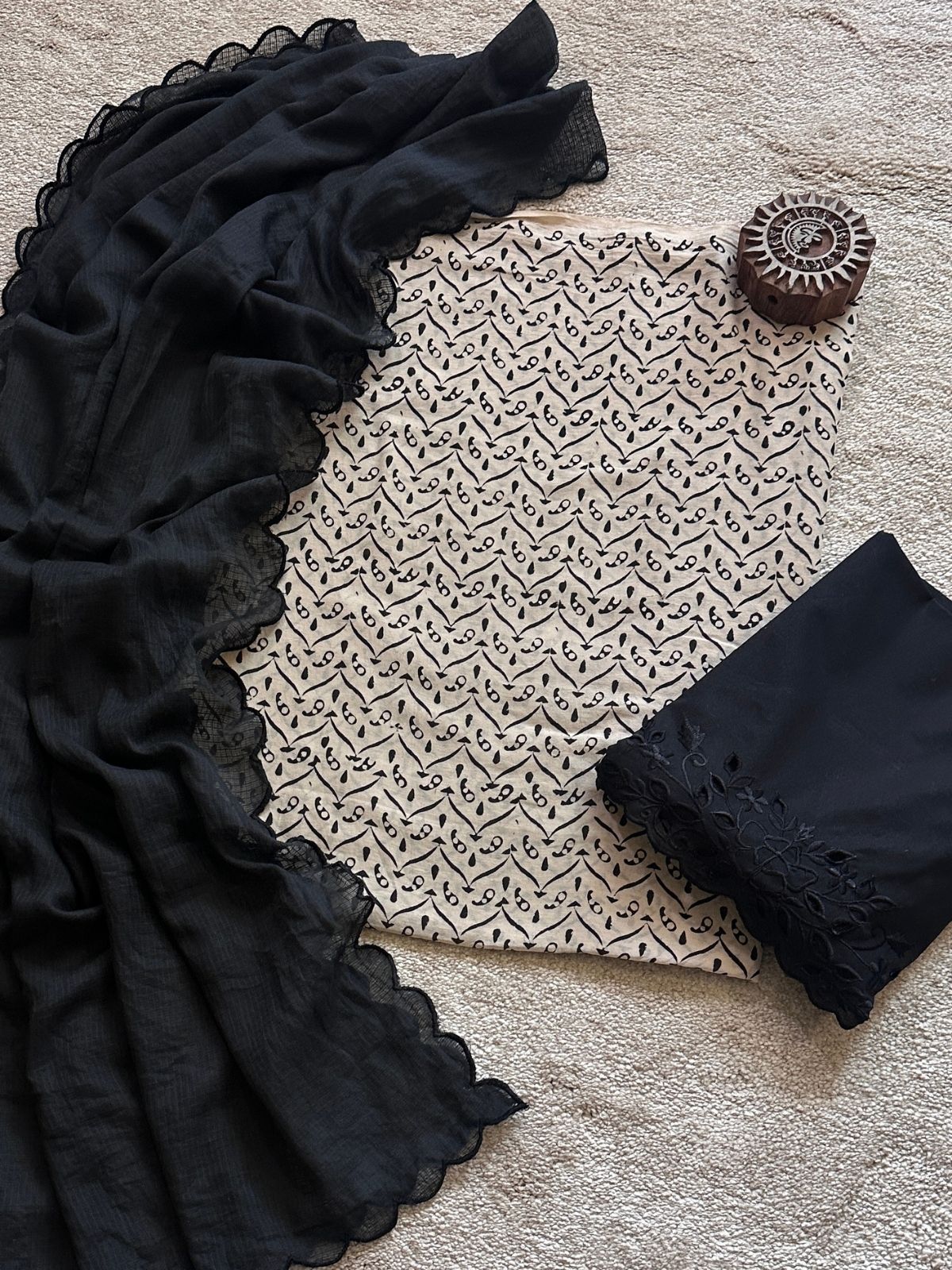 Pure Cotton Malmal  Ajrakh Fabric with Exclusive Cutwork Bottom & Kota Doria Dupatta