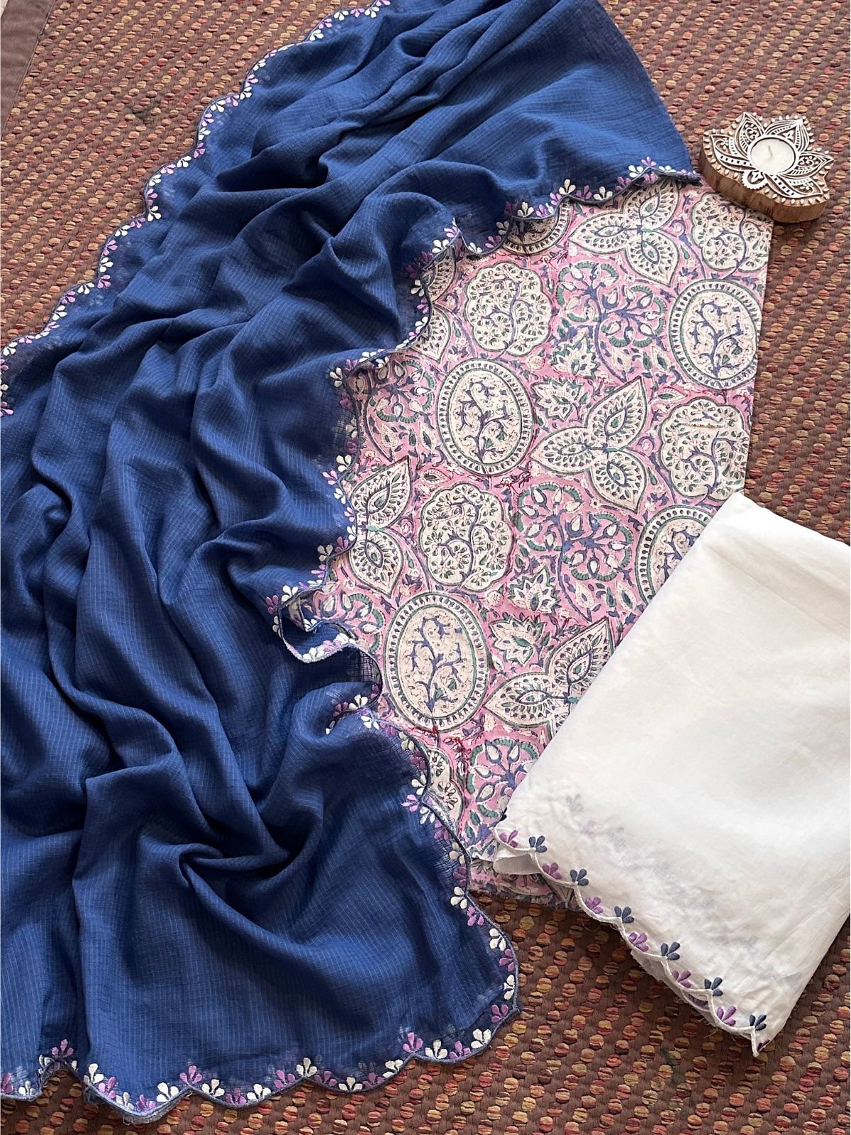 Pure Cotton Hand blocked Set with Embroidered Dupatta