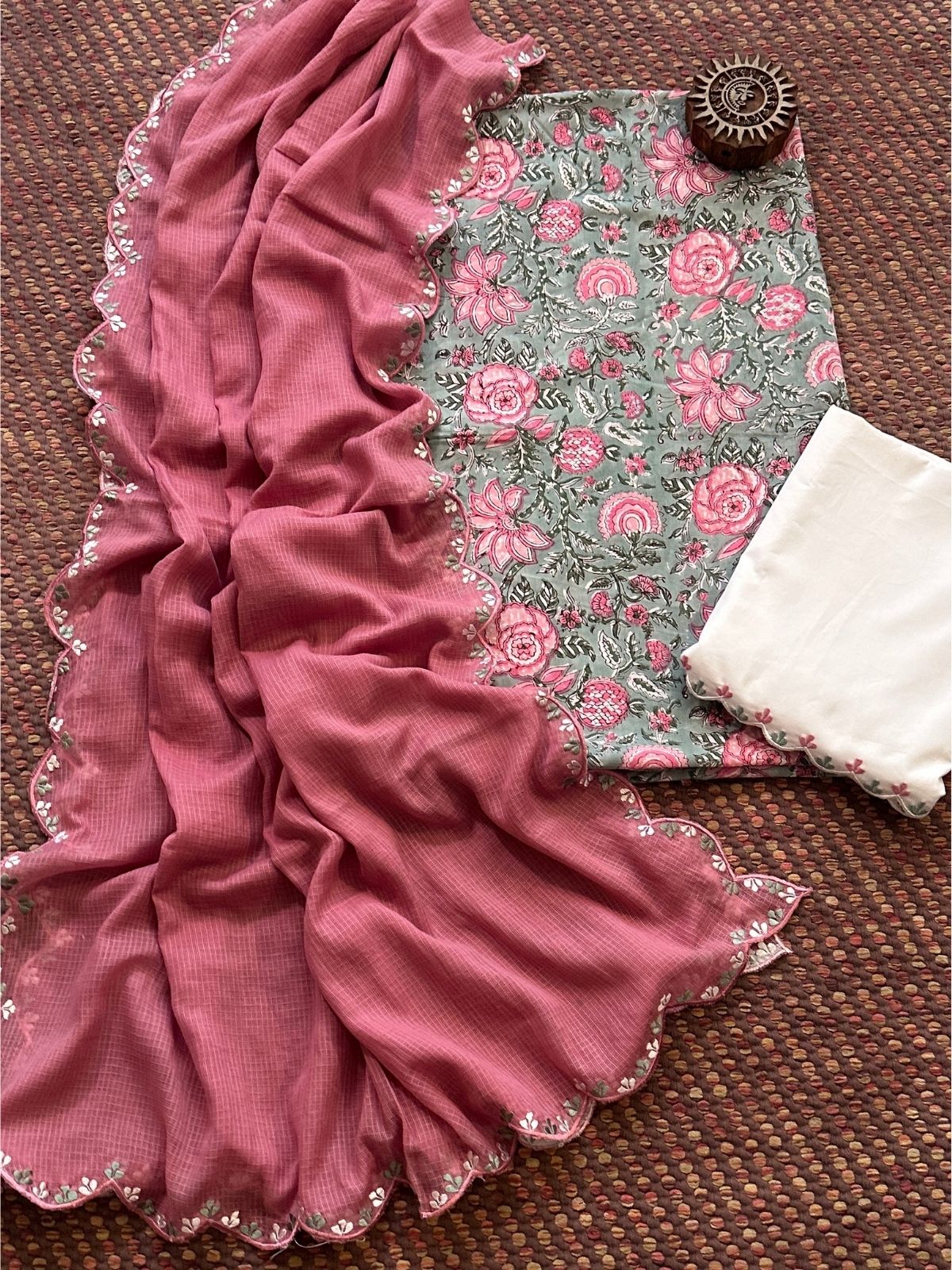Pure Cotton Hand blocked Set with Embroidered Dupatta
