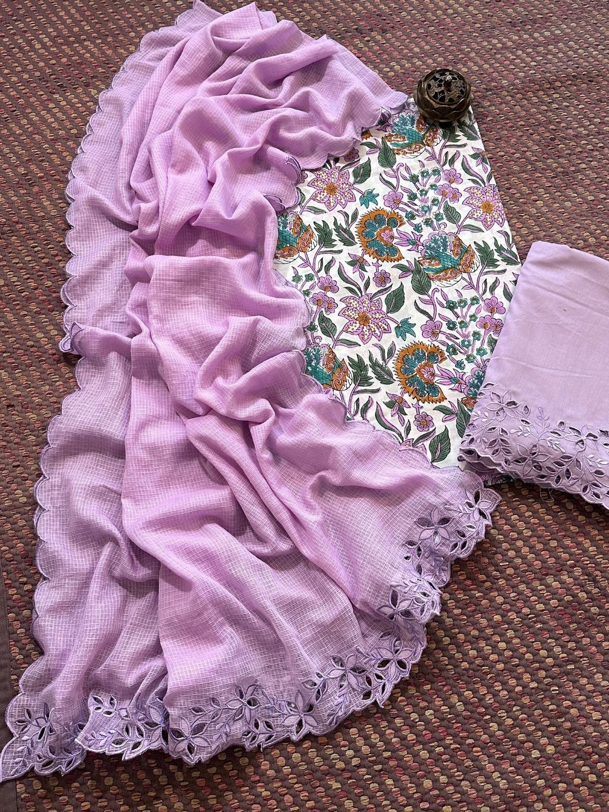 Pure Cotton Malmal Hand-blocked Fabric with Cutwork Bottom & Kota Doria Dupatta