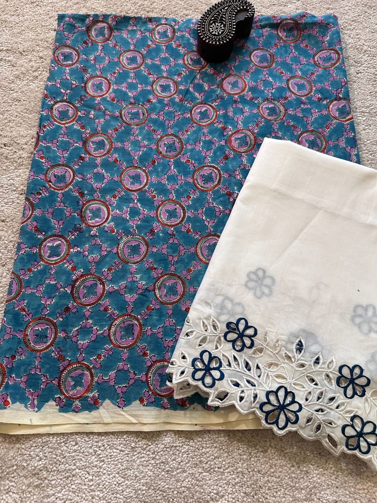 Gulshan Set - Hand blocked Fabric with Cutwork Embroidered Bottom