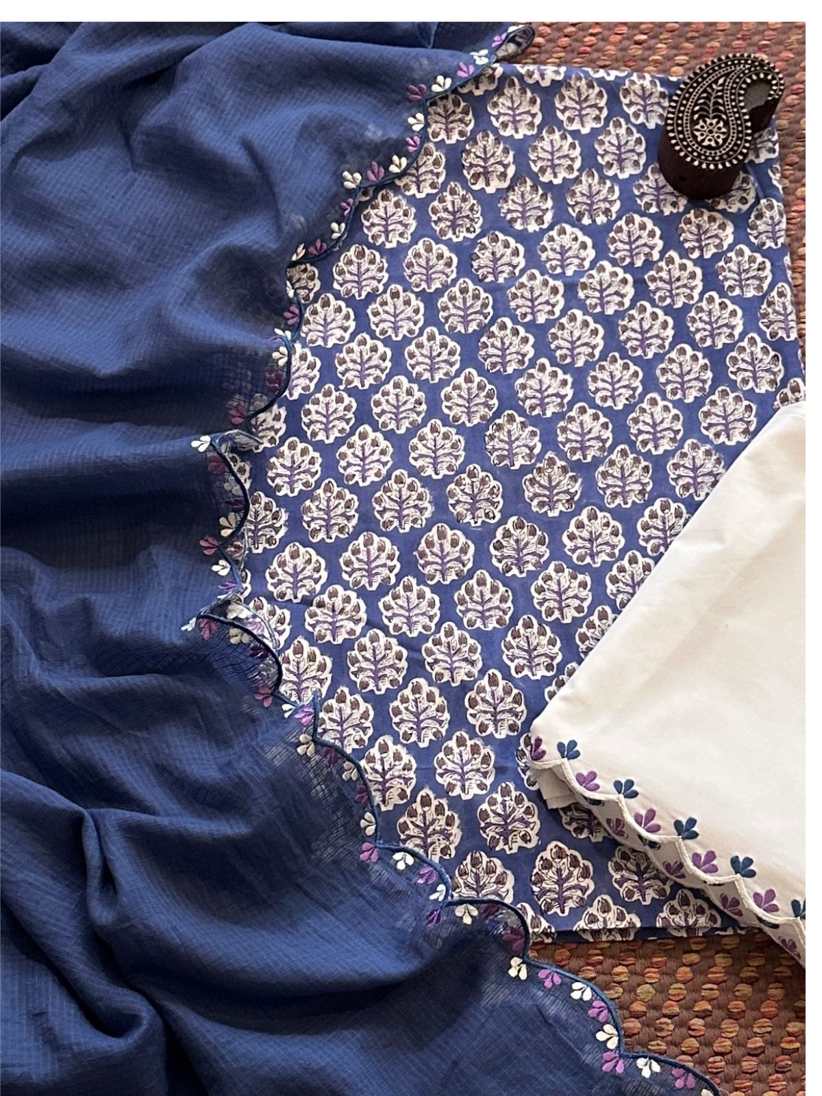 Pure Cotton Hand-block Fabric with Exclusive Embroidered Bottom & Kota Doria Dupatta