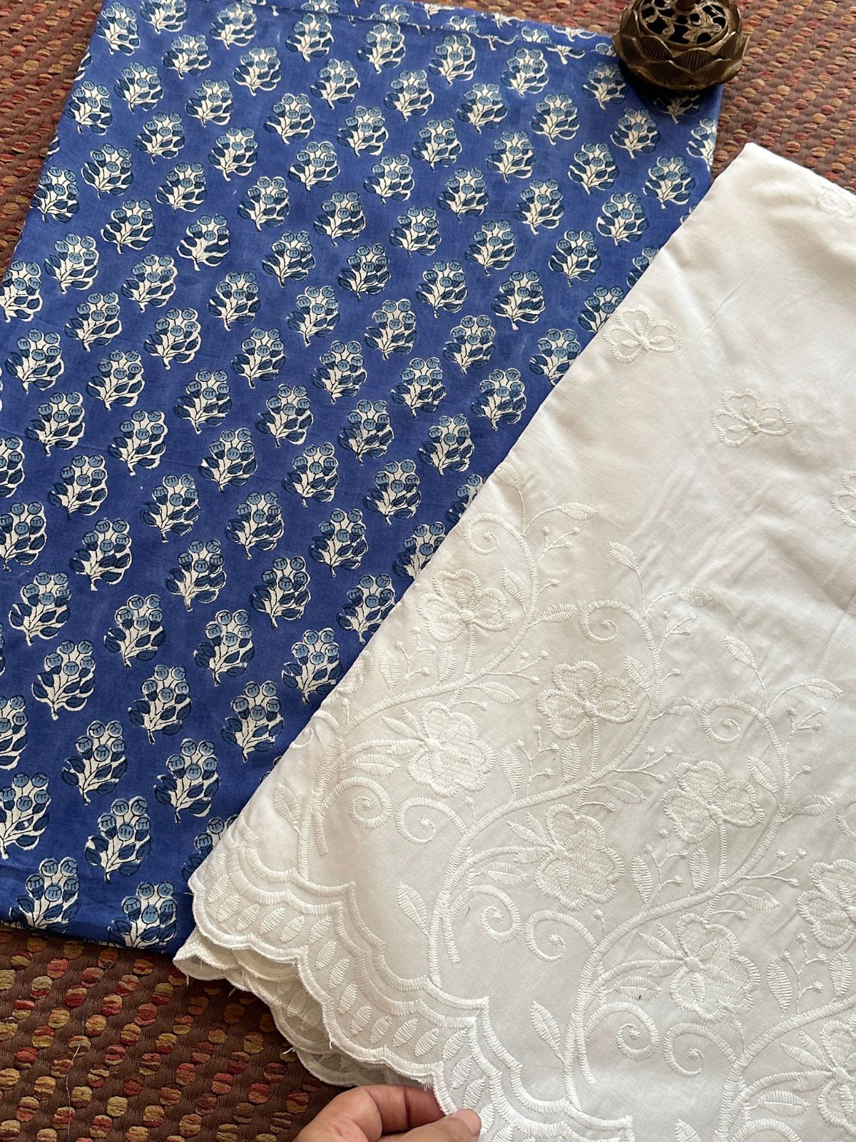 Pure Cotton Hand-blocked Fabric with Embroidered Bottom