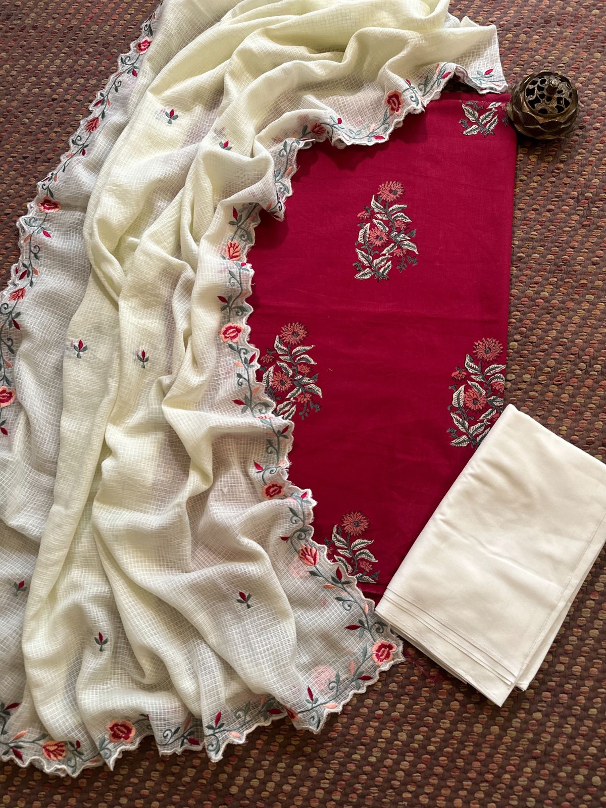 Pure Cotton Hand-block Fabric set with Embroidered Kota Doria Dupatta