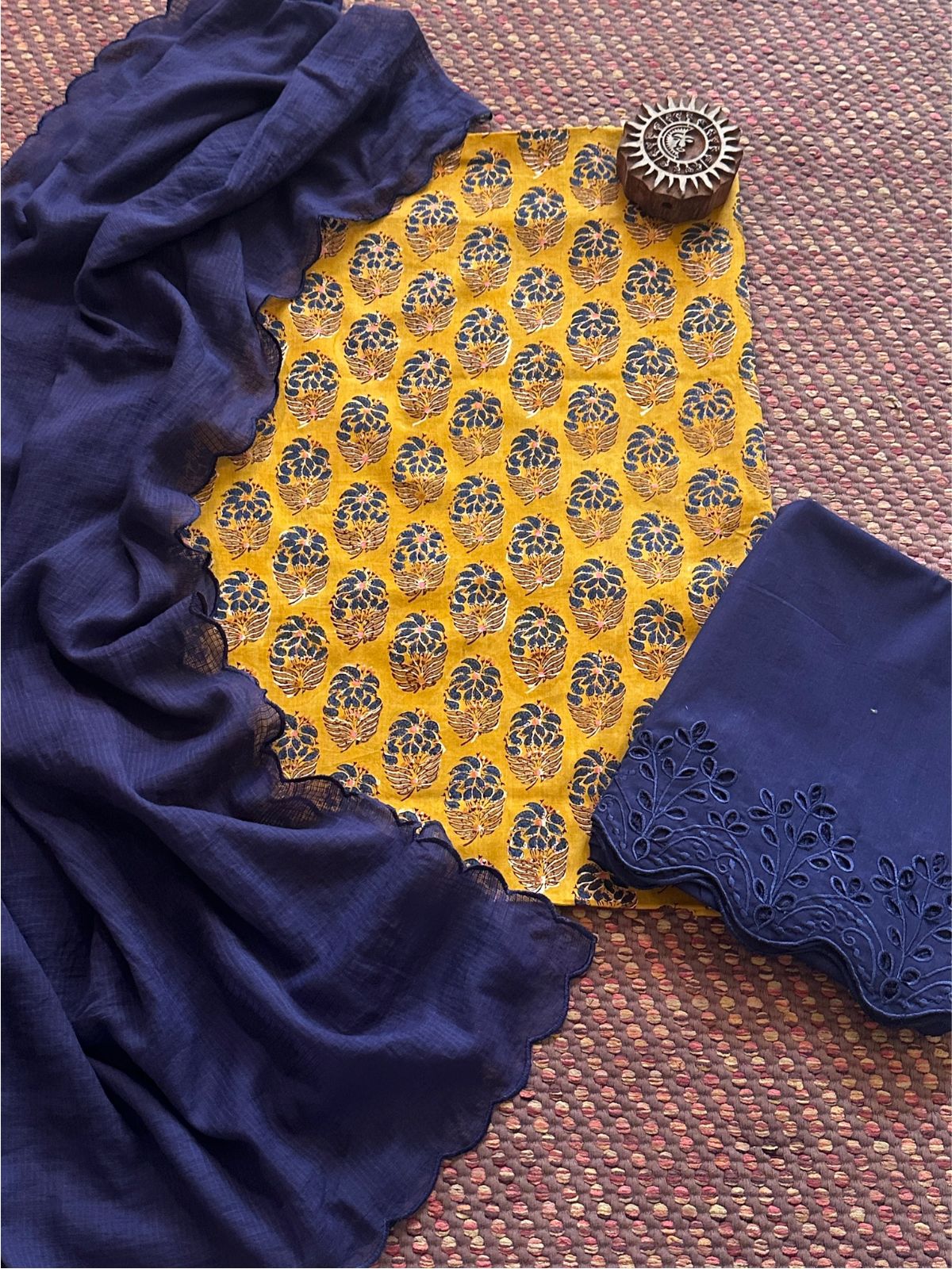 Pure Cotton Malmal Hand-blocked Fabric with Cutwork Bottom & Kota Doria Dupatta