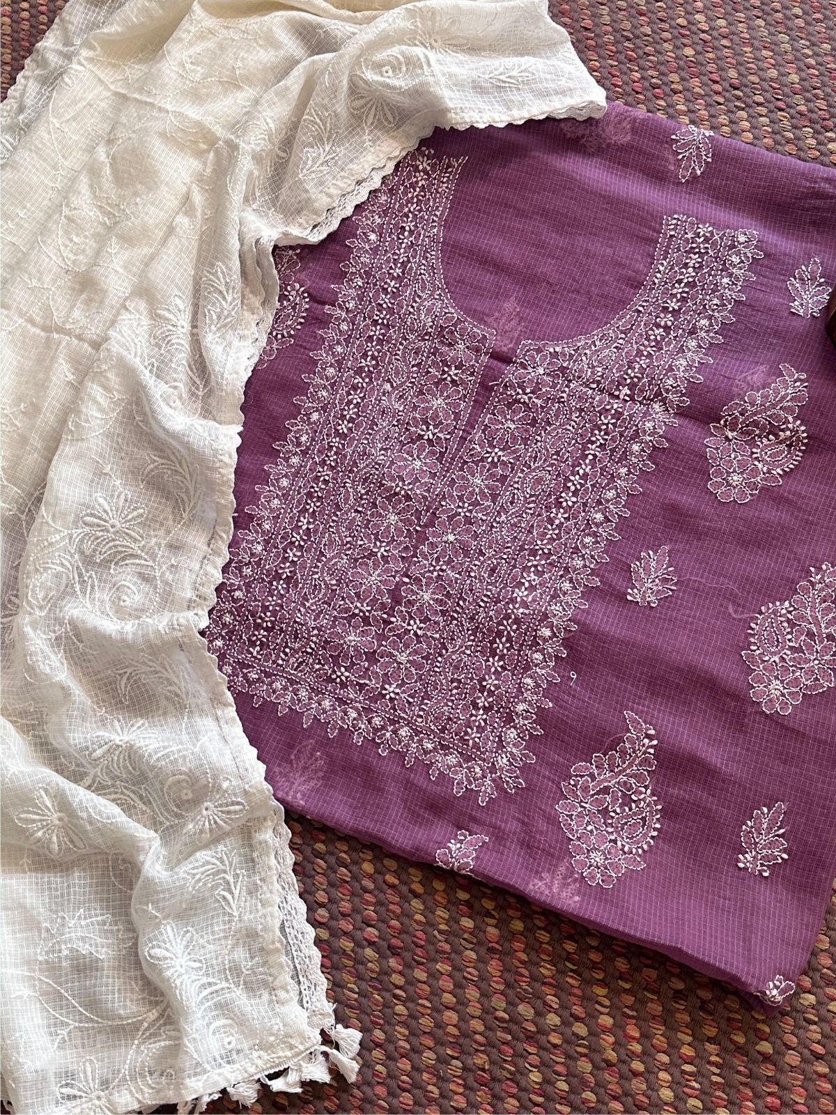 Chikankari Hand Embroidered Fabric with Kota Embroidered Dupatta
