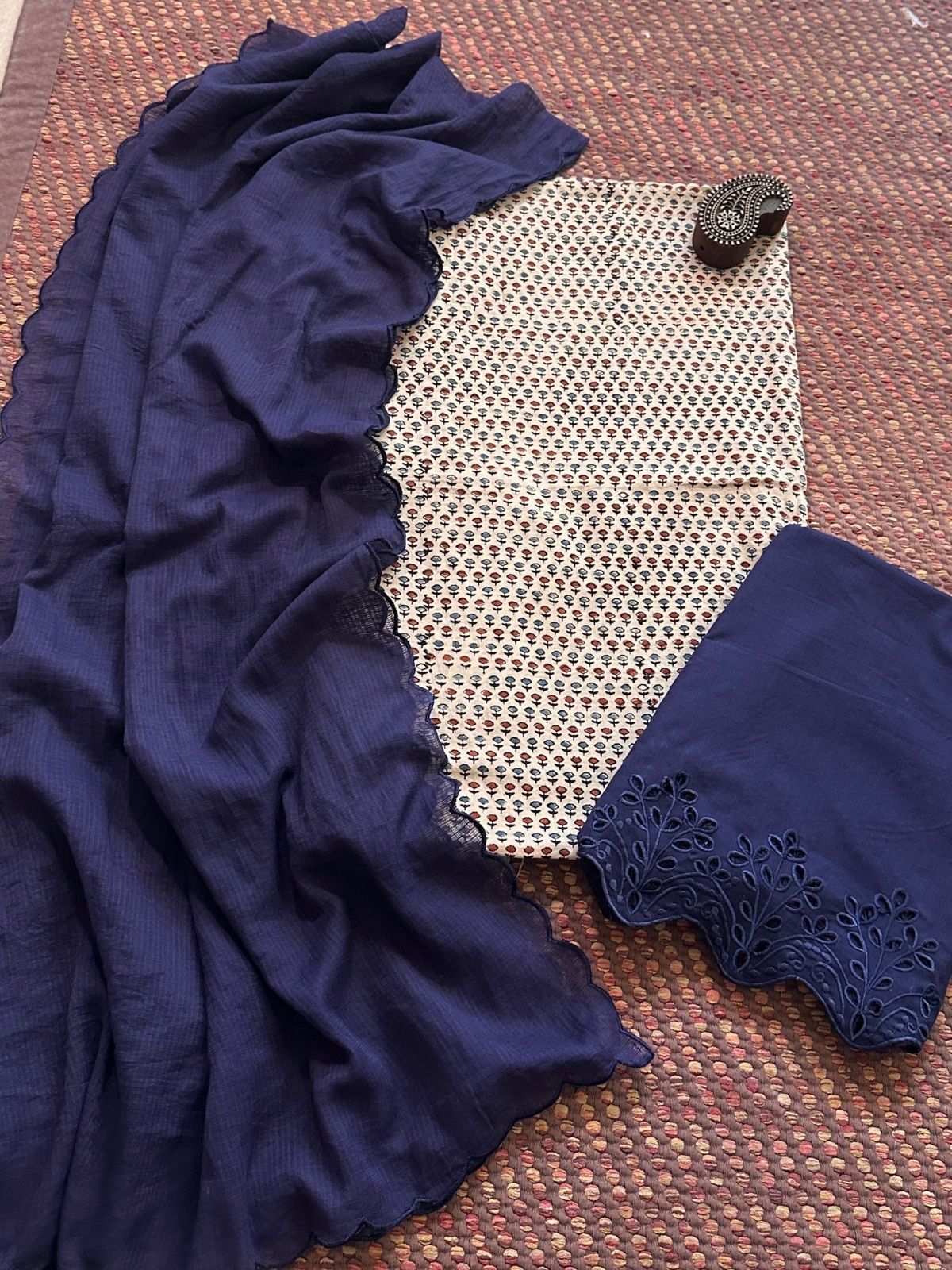 Pure Cotton Malmal  Ajrakh Fabric with Exclusive Cutwork Bottom & Kota Doria Dupatta